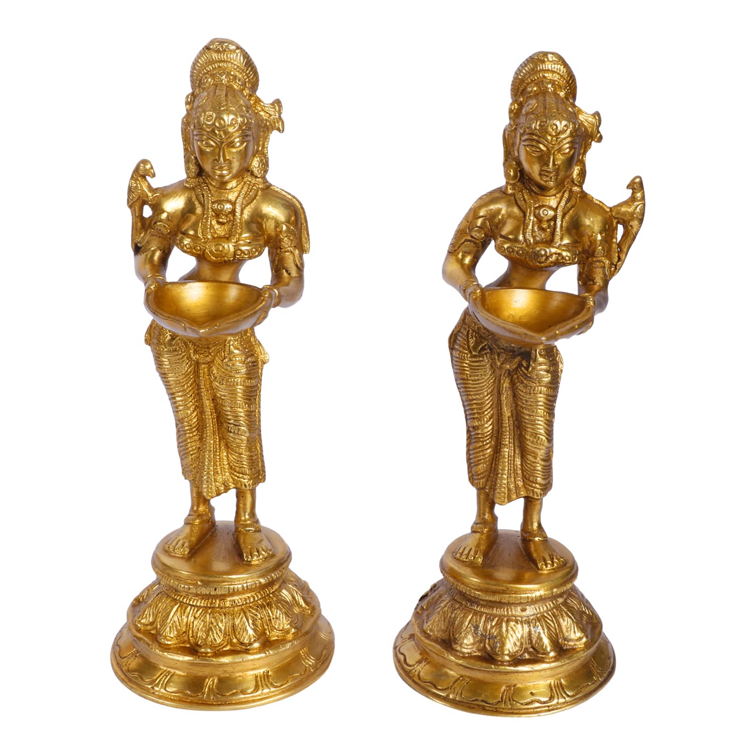 Kartique Brass Antique Style Diya Home Entrance Decor Puja Room Devi Meenakshi Devi Oil Lamp Deep Laxmi Deepalakshmi Pair for Mandir Temple Decoration Diwali Gift Gold Color Height 9.5 Inch