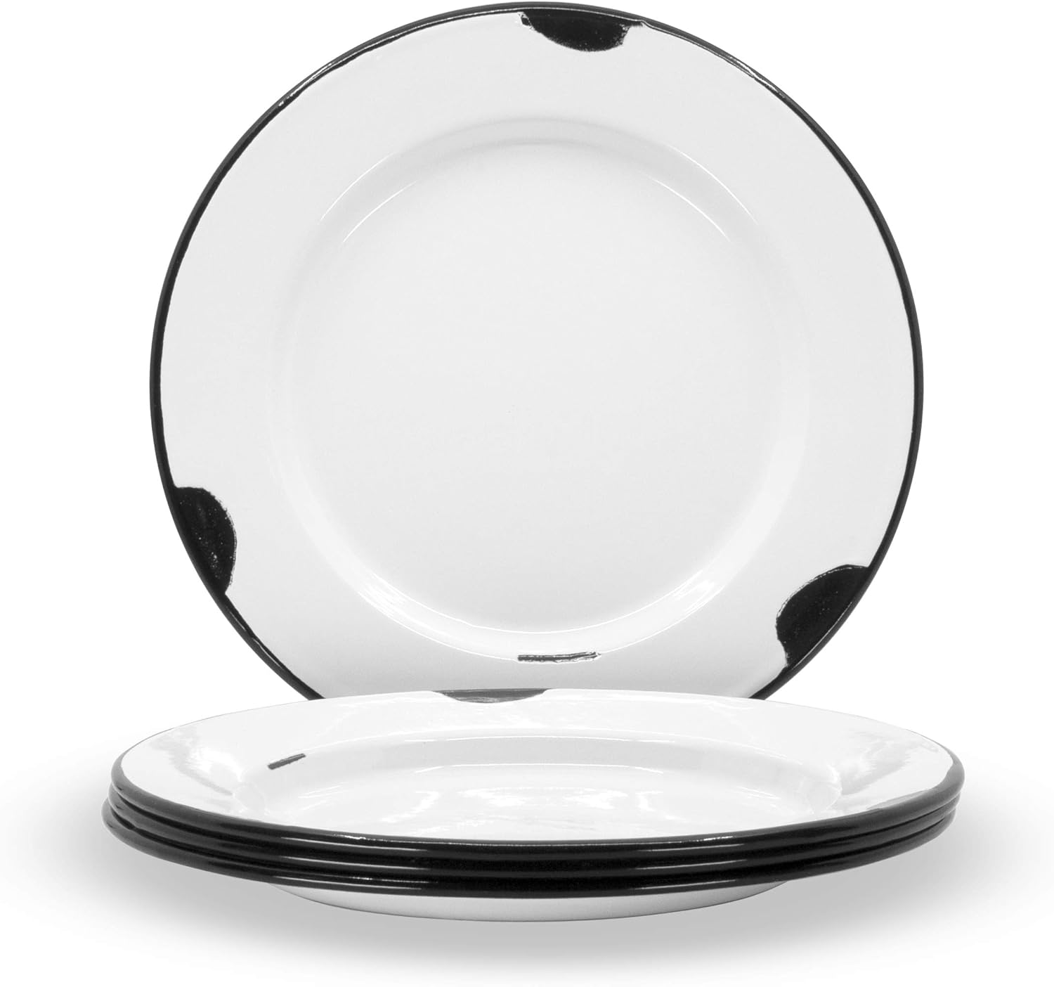 Red Co. Set of 4 Enamelware Metal Classic 10 inch Round Dinner Plate, Distressed White/Black Rim