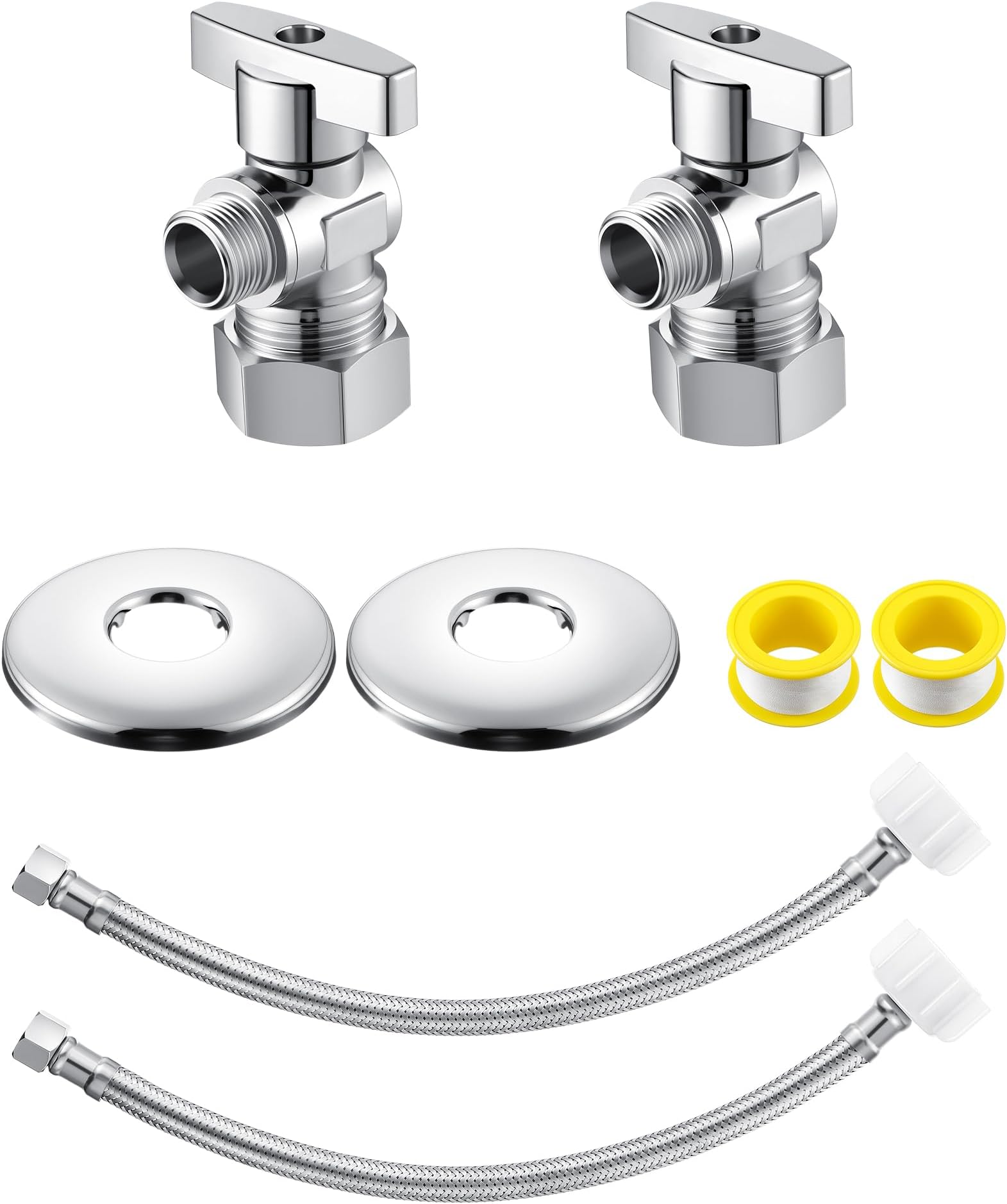 Dreyoo 2 Pack Complete Toilet Valve Set, Includes 1/2 inch Nom Inlet x 3/8 Inch OD Compression Outlet Angle Shut Off, 12" Stainless Steel Toilet Water Supply Line, Escutcheon Plate, Sealing Tape