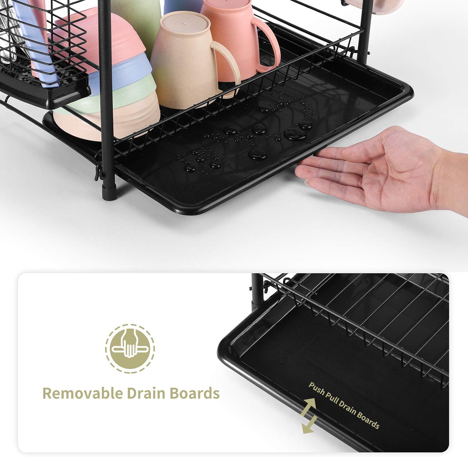 Glotoch 2 Tier Matte Black Dish Drying Rack, 2021 Upgraded Rust-Proof Dish Rack with Upgraded Base, Utensil Holder, Cutting Board Rack and Dish Draining Tray