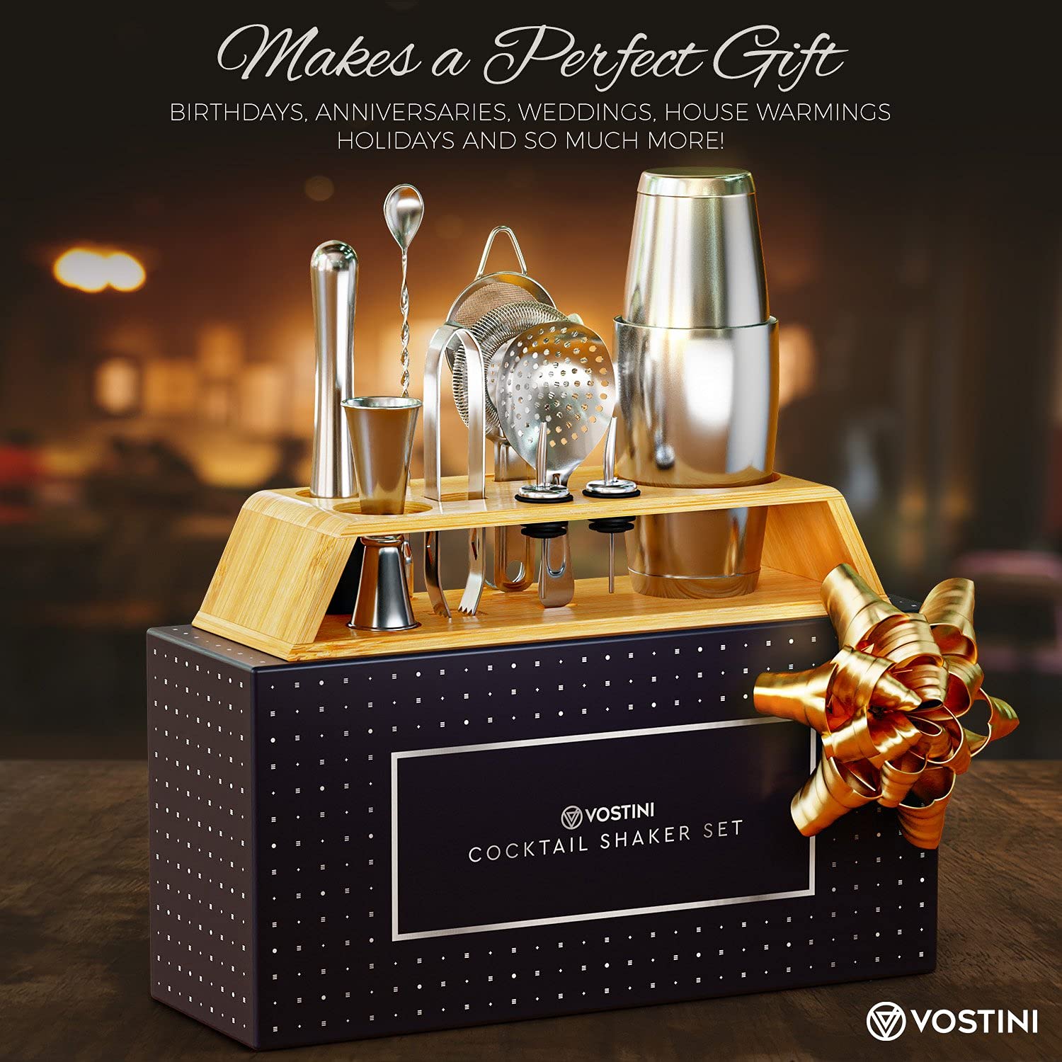 12Piece Silver Cocktail Shaker Set with Bamboo Stand, Weighted 18