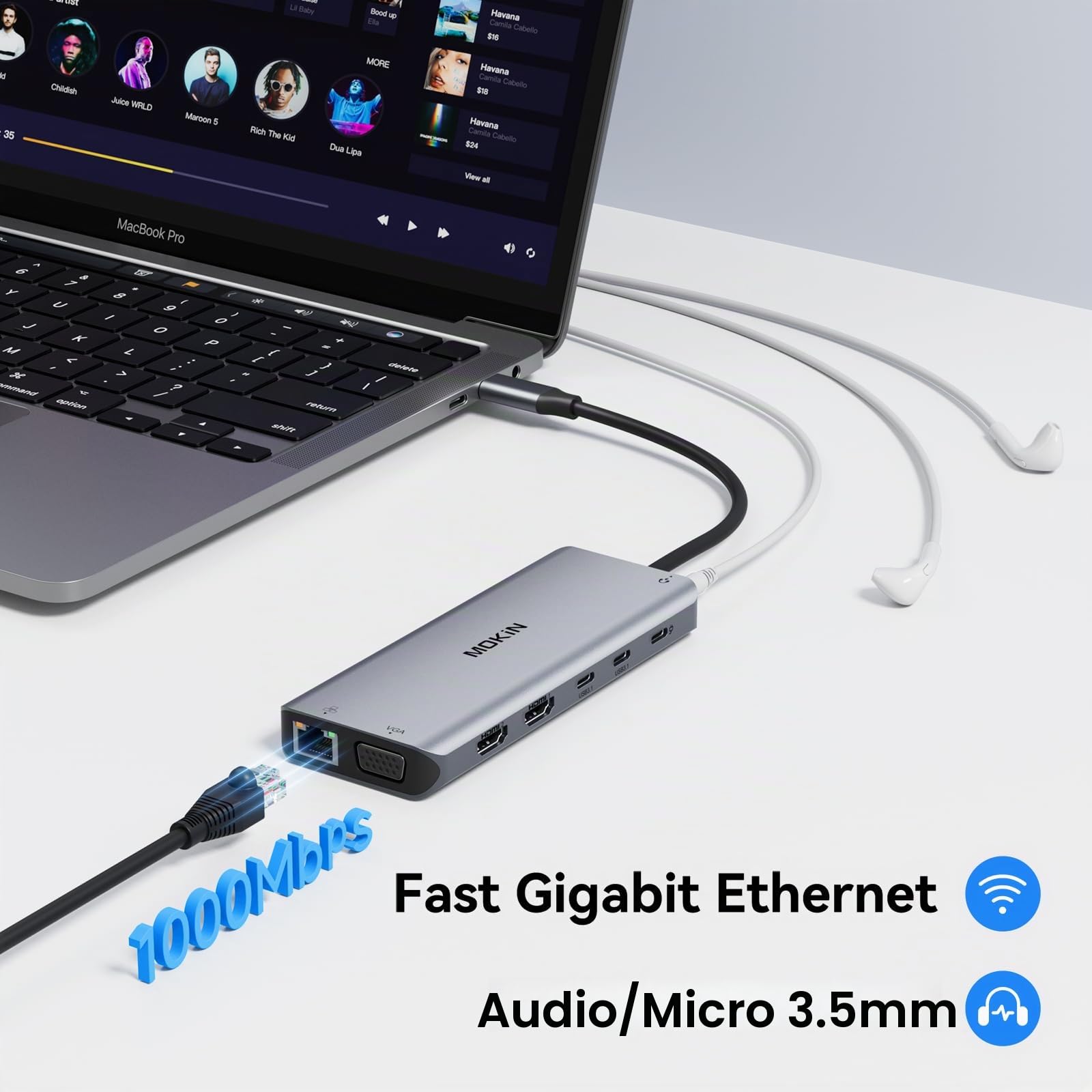 Station d'accueil USB C Docking Station Double Moniteur, Dock USB C 2 HDMI | Dual HDMI, VGA, Ethernet RJ45, 100W PD, USB 3.1/3.0/2.0, SD/microSD et Audio, 14 en 1 Hub USB C pour MacBook HP Lenovo Dell