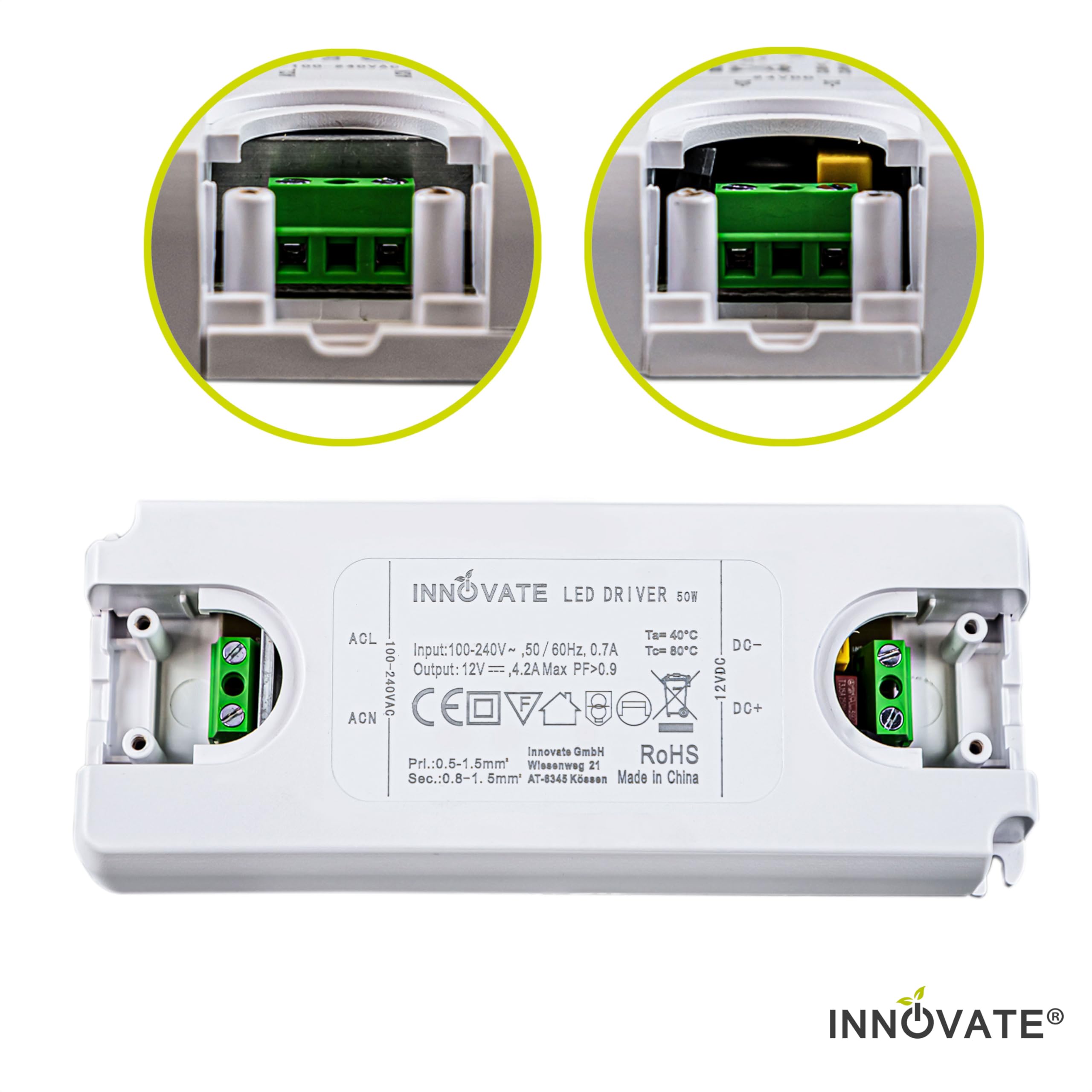 INNOVATE LED Trafo ECO mit Eurostecker und Mini AMP Female 24 Volt/DC, 0-50W - LED Treiber - Transformator - Netzteil - Driver - Power Supply - Netzgerät mit Anschlusskabel (24V 50W)