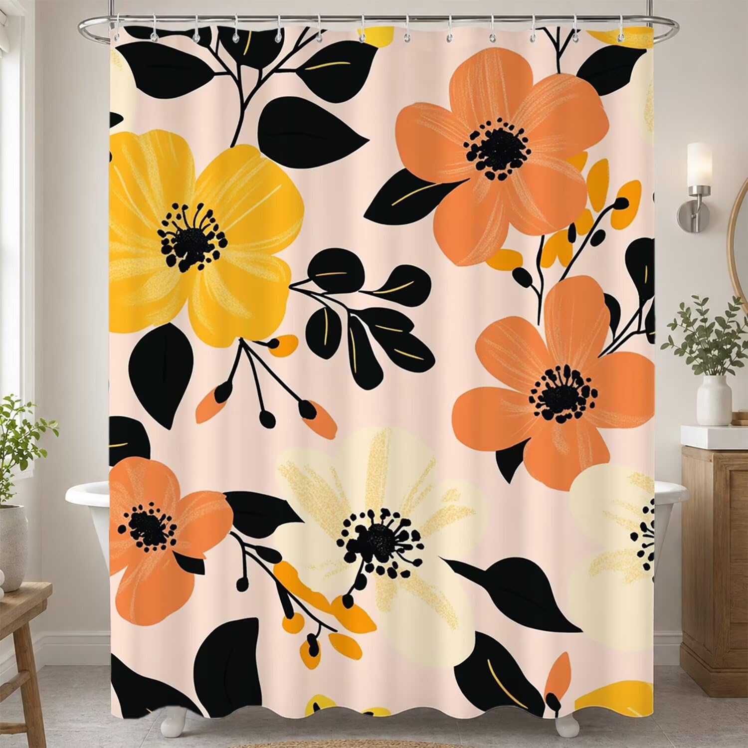 Decoration salle de bain lilas avec le grand rideau douche fleur 180x190