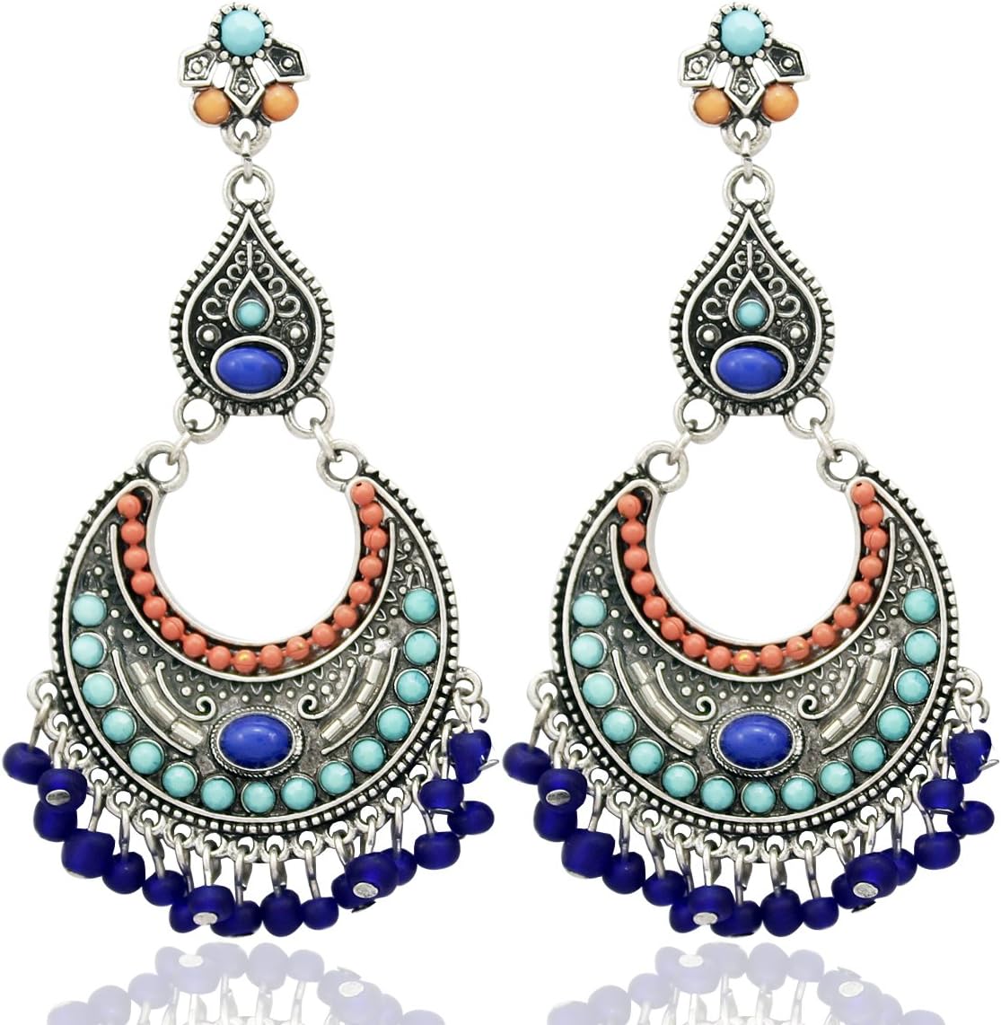 RechicGu Women Middle East Indian Earrings Tribal Vintage Crescent Moon Blue Stone Jhumki Jhumka Banjara Kuchi Belly Dance Gypsy Oxidized Earrings