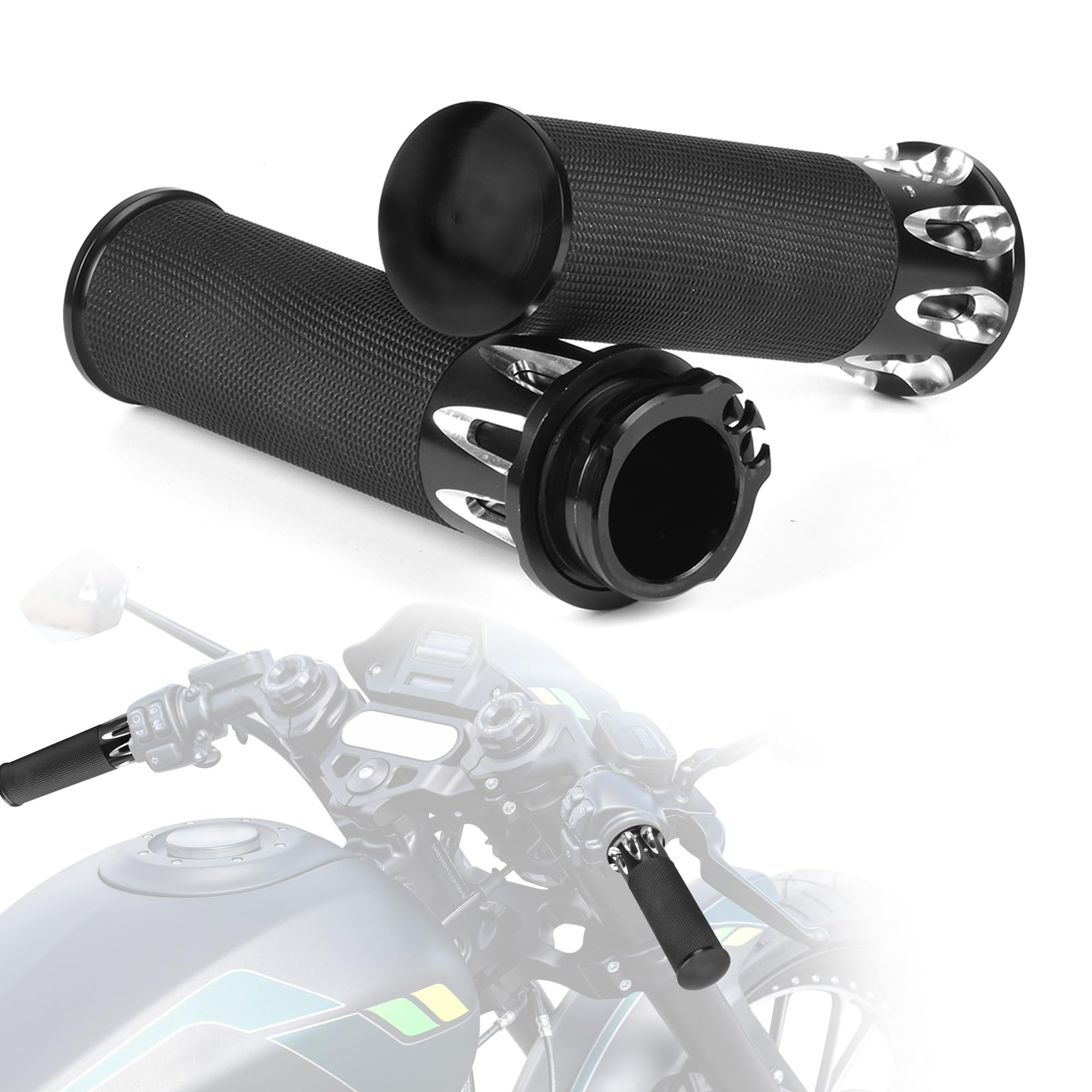 View 1 of 1" Aluminum Motorcycle Handlebar Grips Fit for Harley Touring (96-07), Dyna (96-17), Softail (95-15), Sportster (02-29), Iron (09-22) (Black B) Cable Throttle Hand Grips