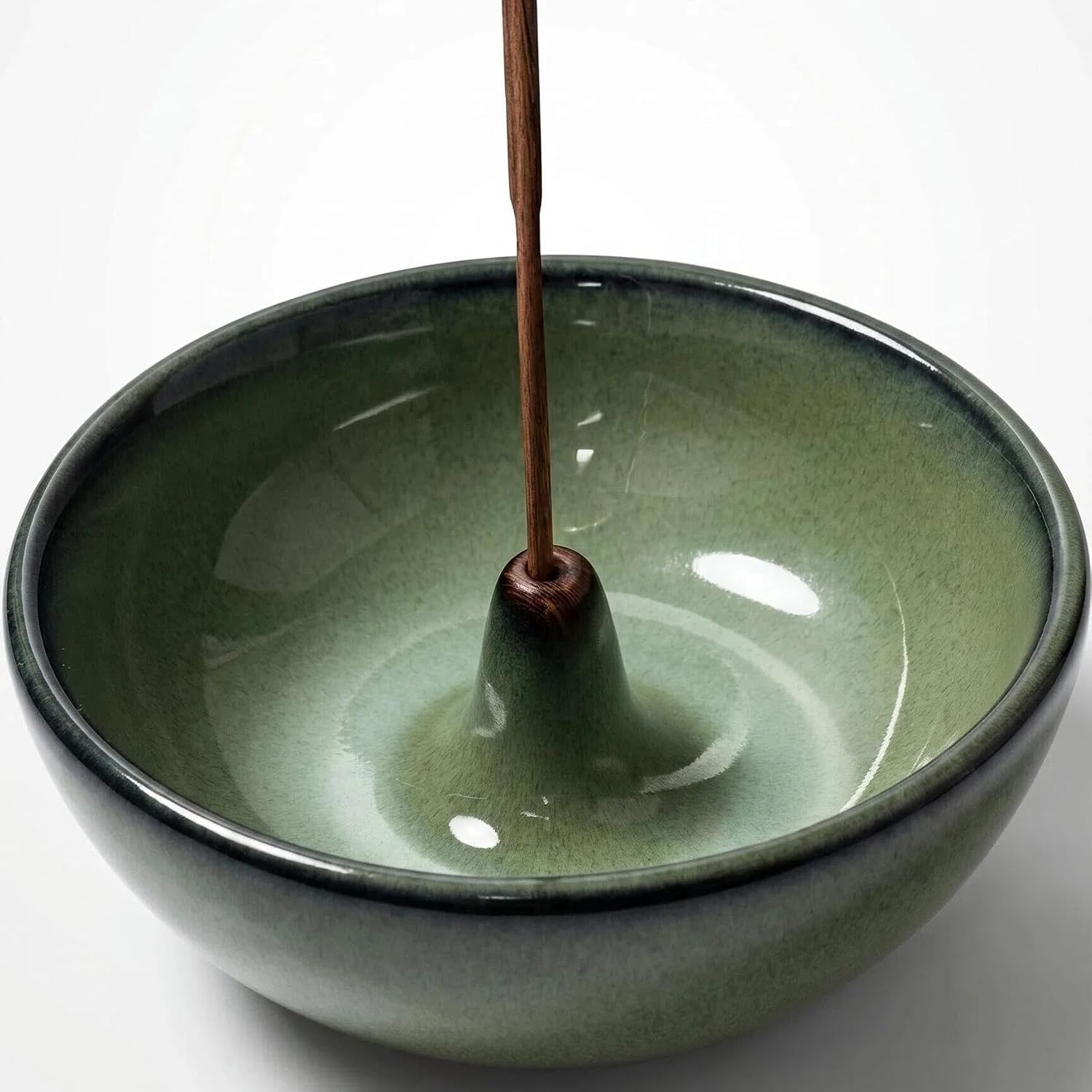 Vintage Green Ceramic Incense Holder Bowl - 3 Inch Round Incense Burner for Meditation, Home Decor, Ash Catcher with Center Hole for Thin Sticks (Green)