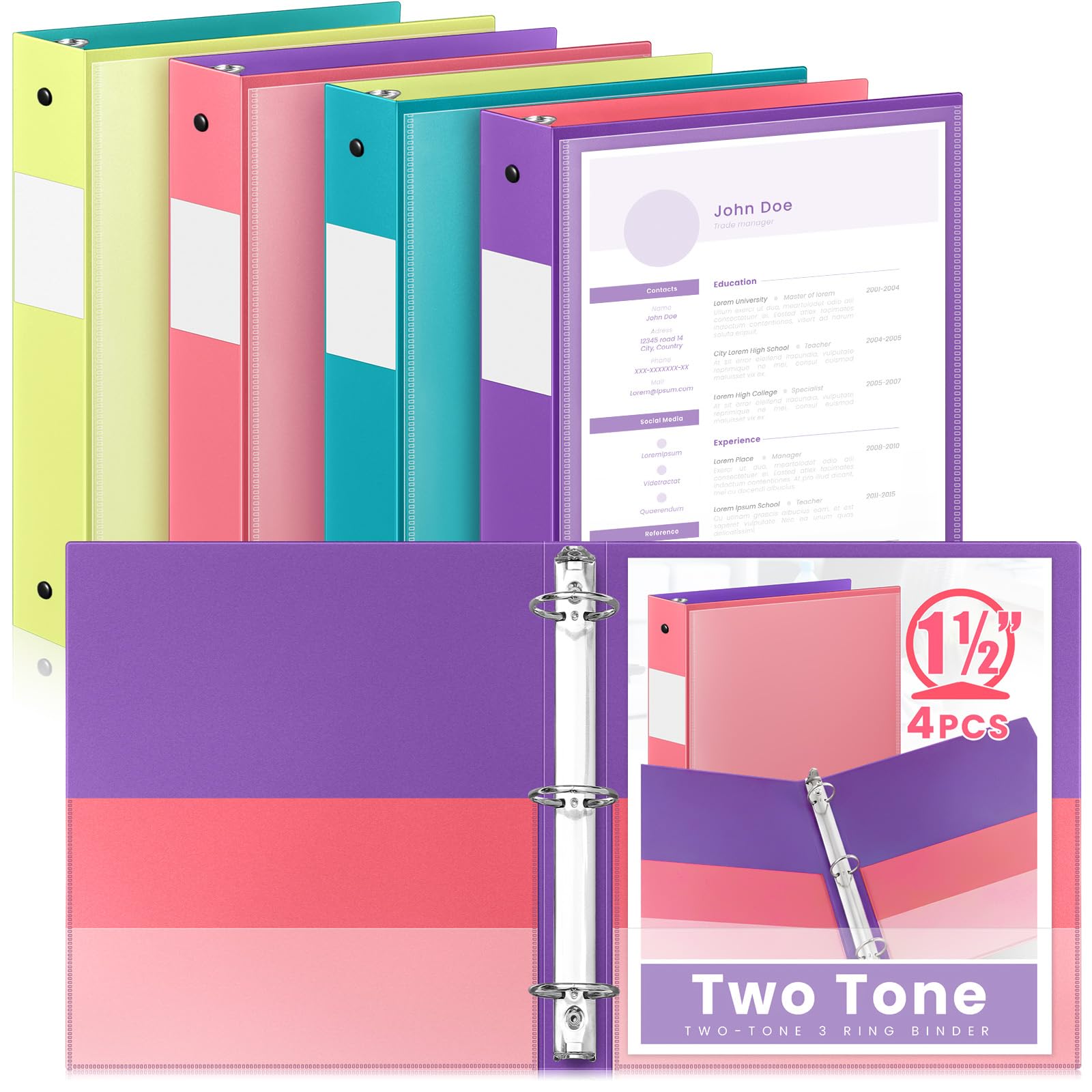 Henoyso Lot de 4 classeurs bicolores à 3 anneaux, ronds de 3,8 cm avec quatre poches intérieures, classeurs très résistants pour l'école et le bureau, rose, bleu sarcelle, violet et citron vert (poche