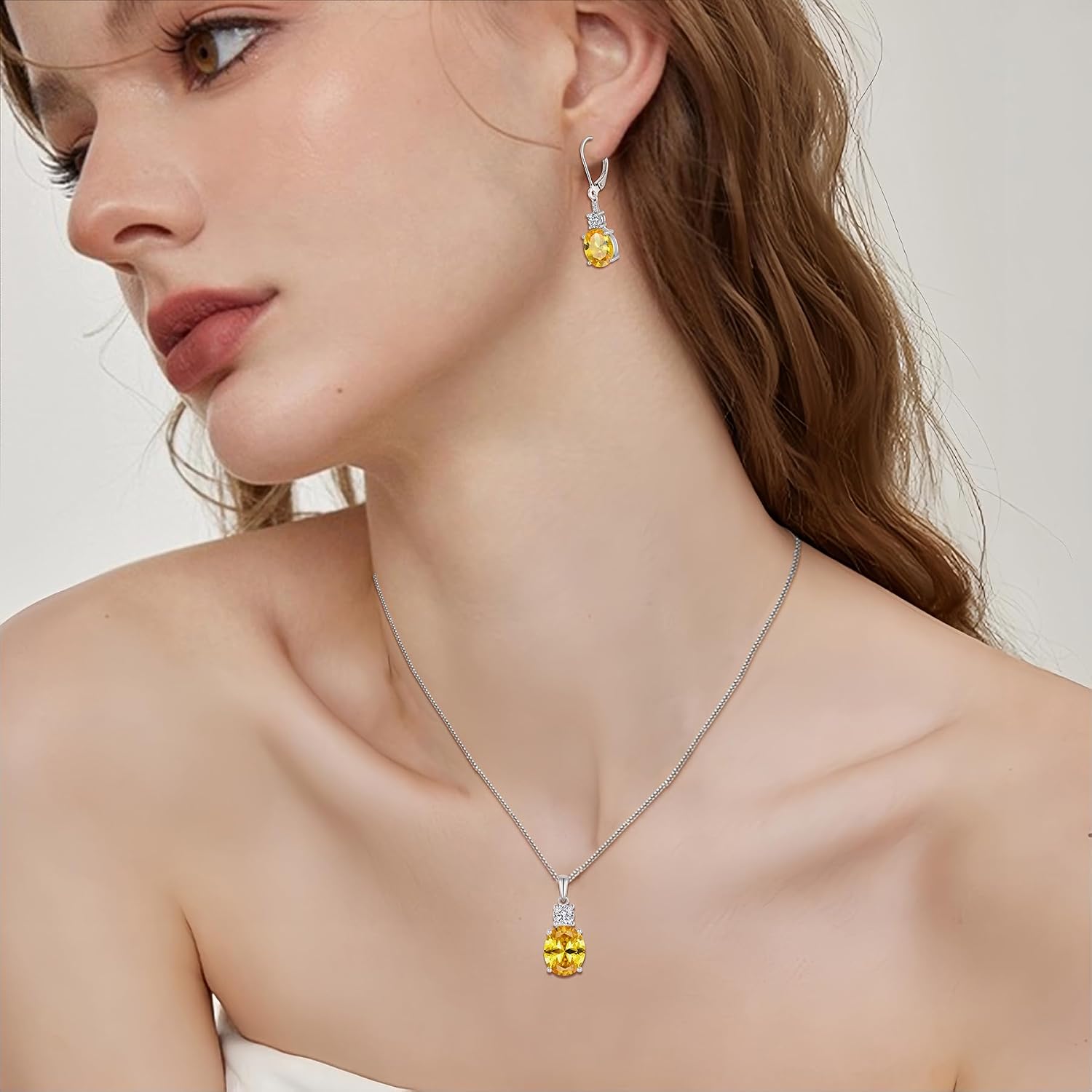 Citrine Jewelry Set for Women 925 Sterling Silver Oval Cut Necklace Dangle Drop Leverback Earrings November Birthstone Jewelry for Her