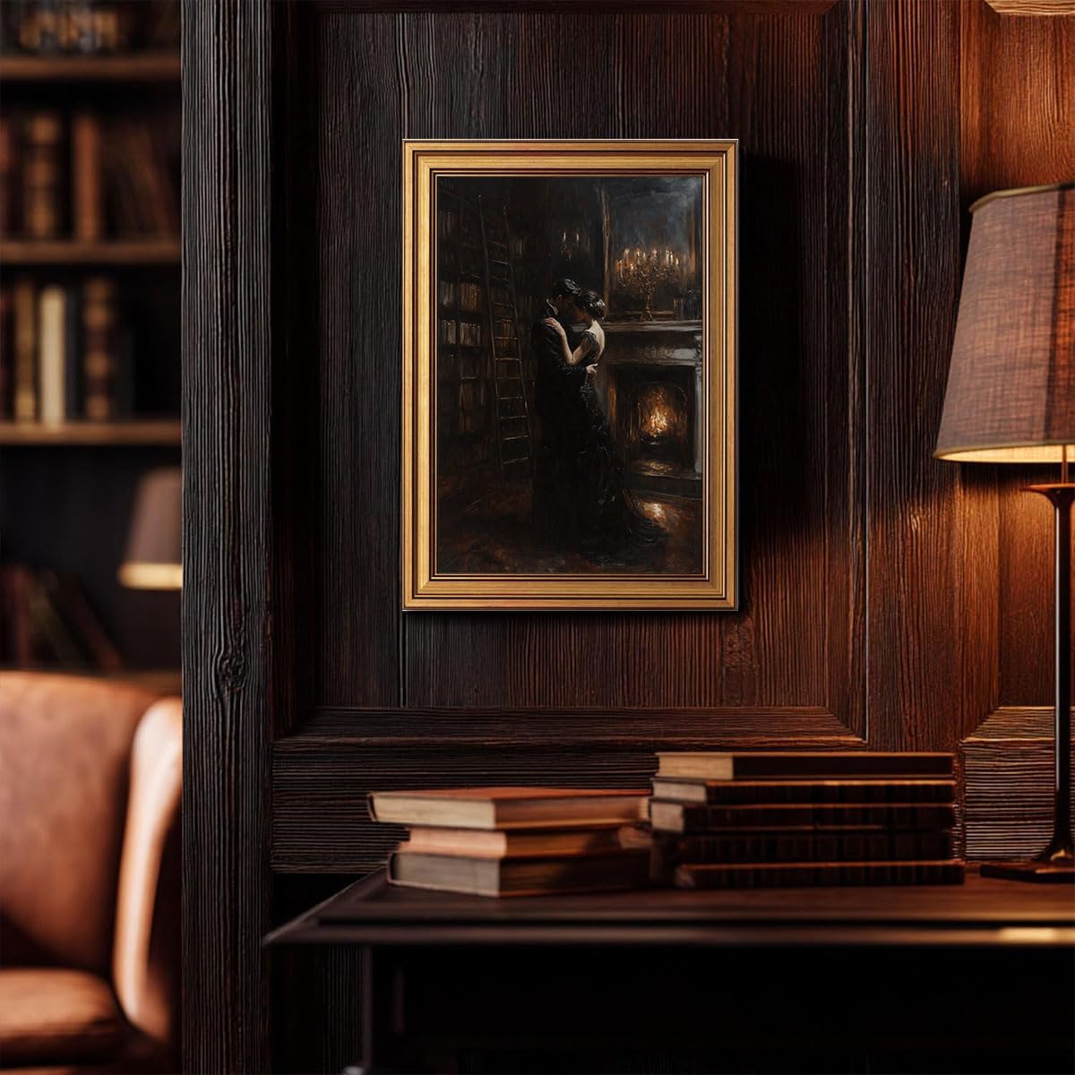 CHMMART Vintage Gold Framed Wall Art Dark Academia Couple Canvas Art Prints Victorian Cottagecore Pictures Wall Decor Moody Bookish Paintings Artwork for Living Room Bedroom 12x16in