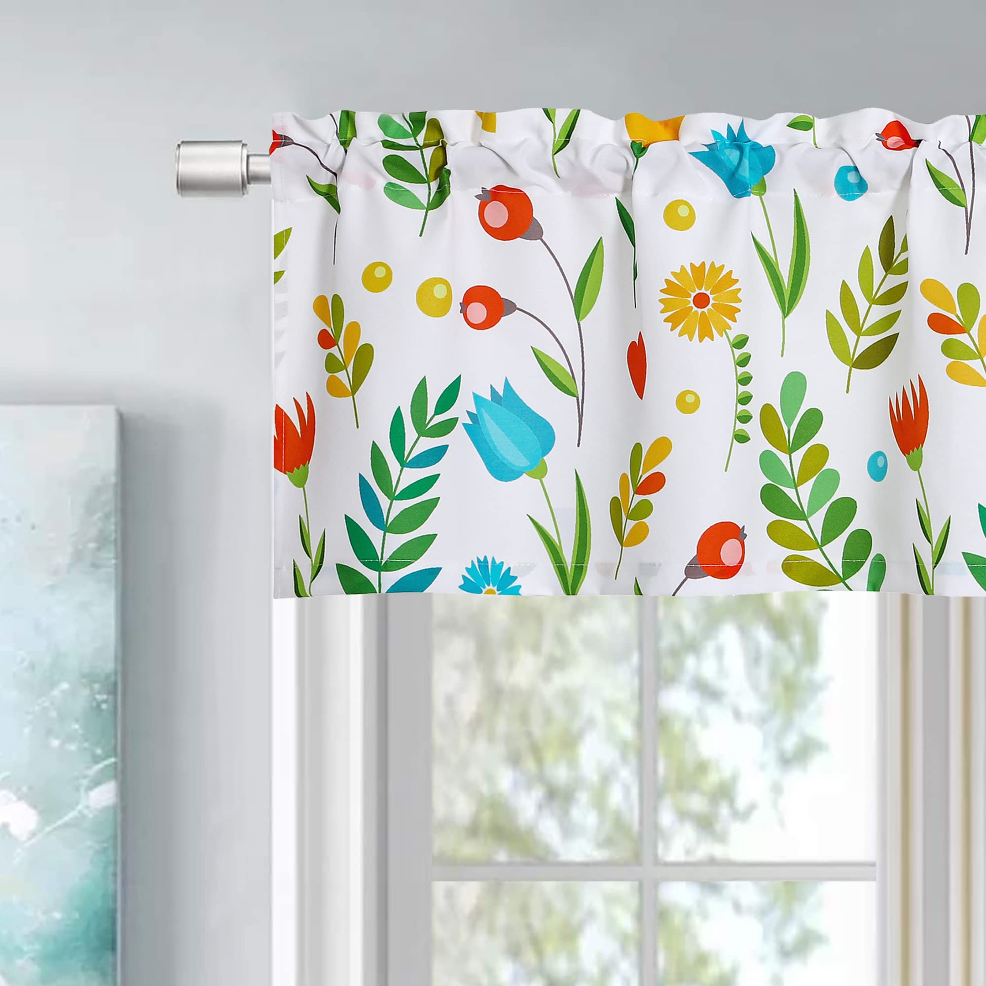 Floral Leaves Printed Tier Kitchen Curtains 24 Inches Length, Watercolor Flower Pattern Cafe Curtains, Colorful Rod Pocket Half Window Treatment for Bathroom, 28" W x 24" L, Multicolor