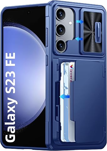 Vizvera for Samsung Galaxy S23 FE Case Wallet with [RFID Blocking] Cards Holder 4 Cards & Camera Cover & Kickstand for Women Men, Full Body Shockproof Silicone Case for S23 FE 6.4"-Blue