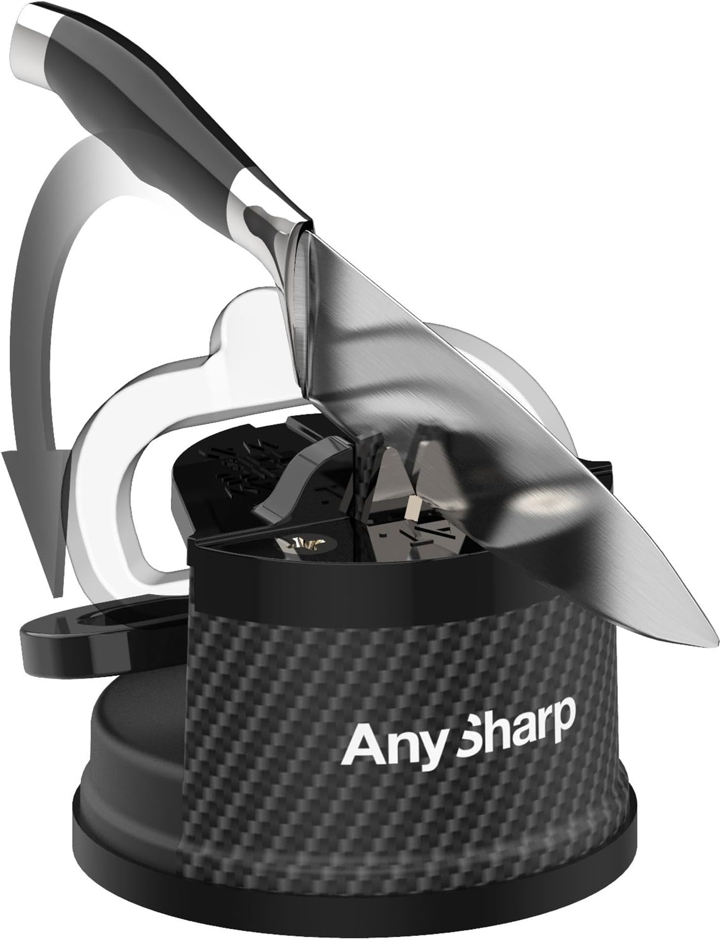 AnySharp – Editions – Hands Free Knife Sharpener - Easy to Use Sharpening Tool with PowerGrip Suction Base and 20-Degree Pre-Set Angle - for All Knives: Chef's, Serrated, and Hardened Steel - Carbon