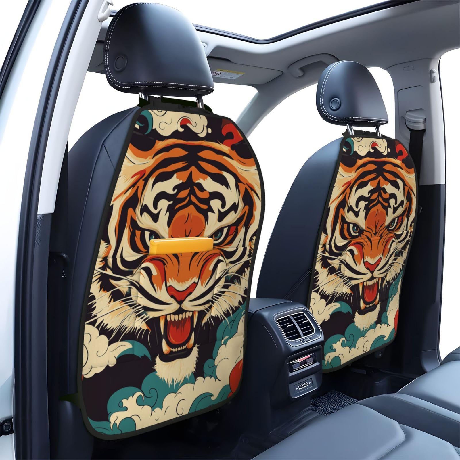 Tiger Pattern Car Seat Back Kick Protectors,2 Pack Kick Mats with Storage Pockets for Vehicles to Protect from Dirt Mud Scratches