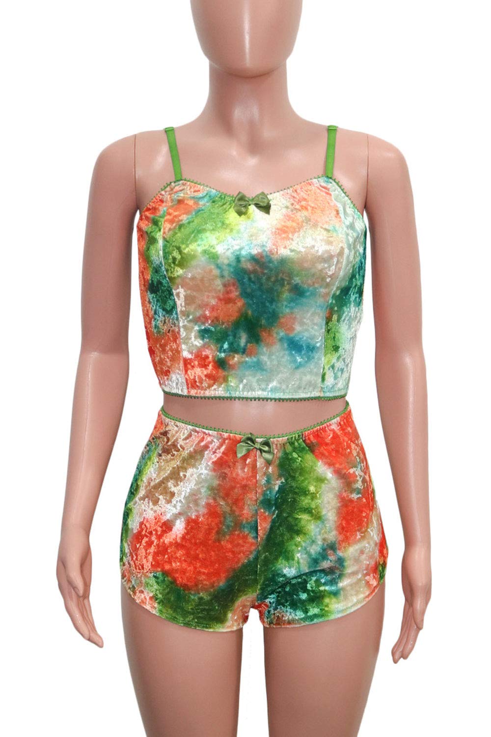 Angsuttc Women's Velvet 2 Piece Outfit Spaghetti Strap Crop Top Shorts Pajamas Set Sleepwear Nightwear: Large S3784#orange&green&white