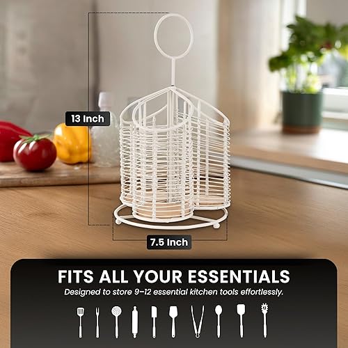 Miniatura 7 de Soporte giratorio para utensilios con 3 compartimentos y parte inferior de corcho, metal blanco mate de primera calidad + juego de utensilios de
