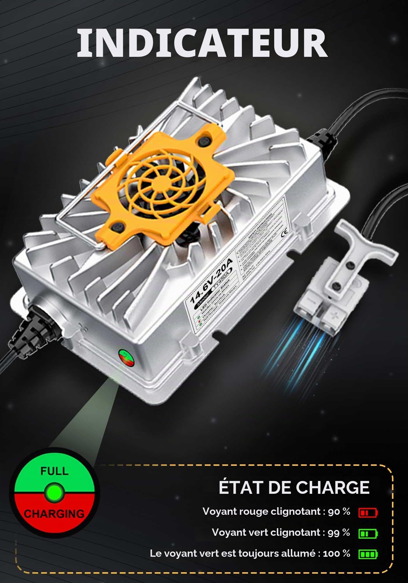 Chargeur de Batterie Lithium 14,6V 20A pour Les Batteries LiFePO4 12V, Chargeur LiFePO4 Batterie 12V avec 6 Fonctions de Protection
