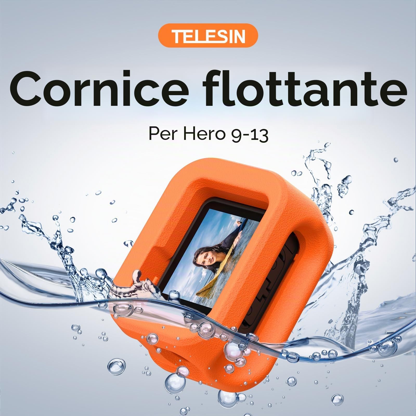 TELESIN Custodia galleggiante per GoPro Hero 13/12/11/10/9 nera, telaio di alloggiamento galleggiante per Go Pro, adatto per snorkeling, surf, sci d'acqua, accessori per action camera (arancione)