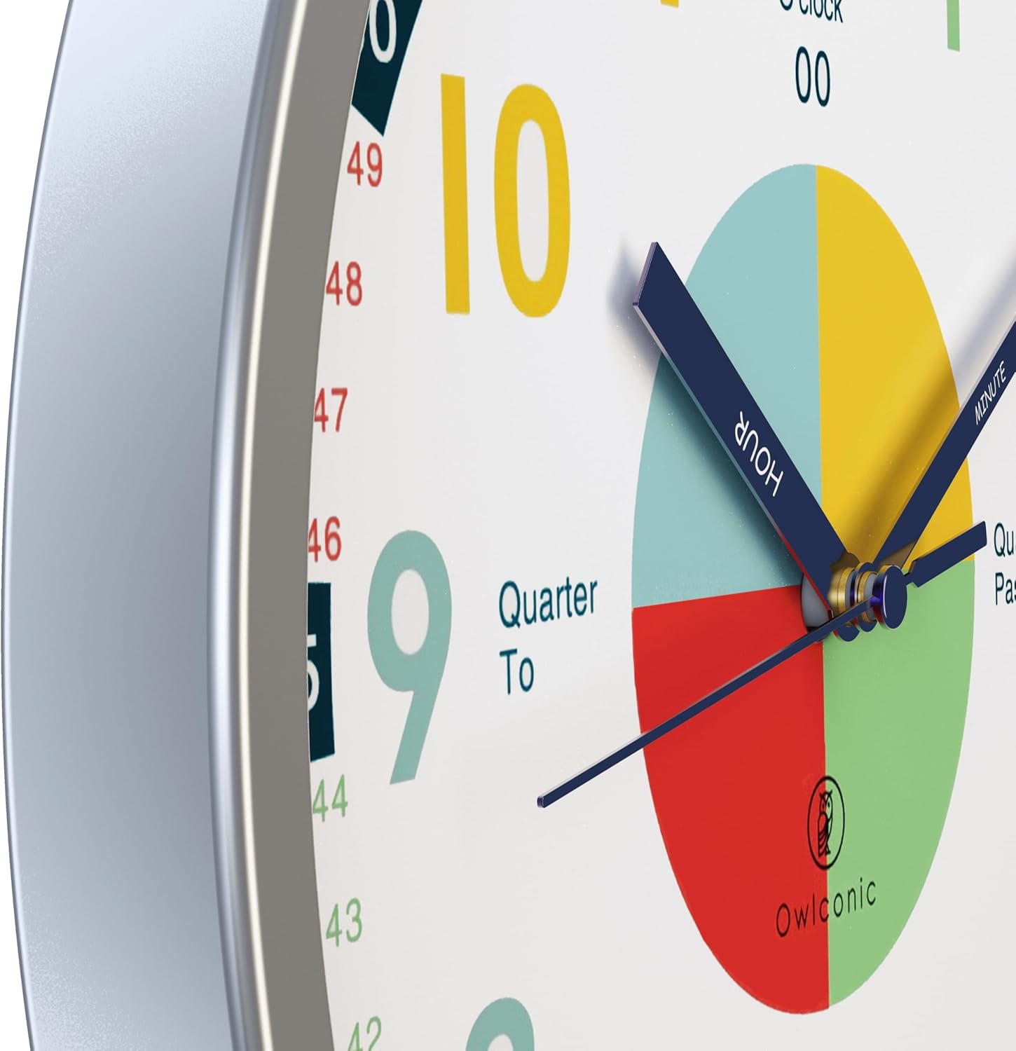 OWLCONIC Clock for Kids – Educational Analog Learning Wall Clock, Non Ticking Teaching Clock for Classroom & Homeschool, Silent Kids Bedroom Décor Multicolor