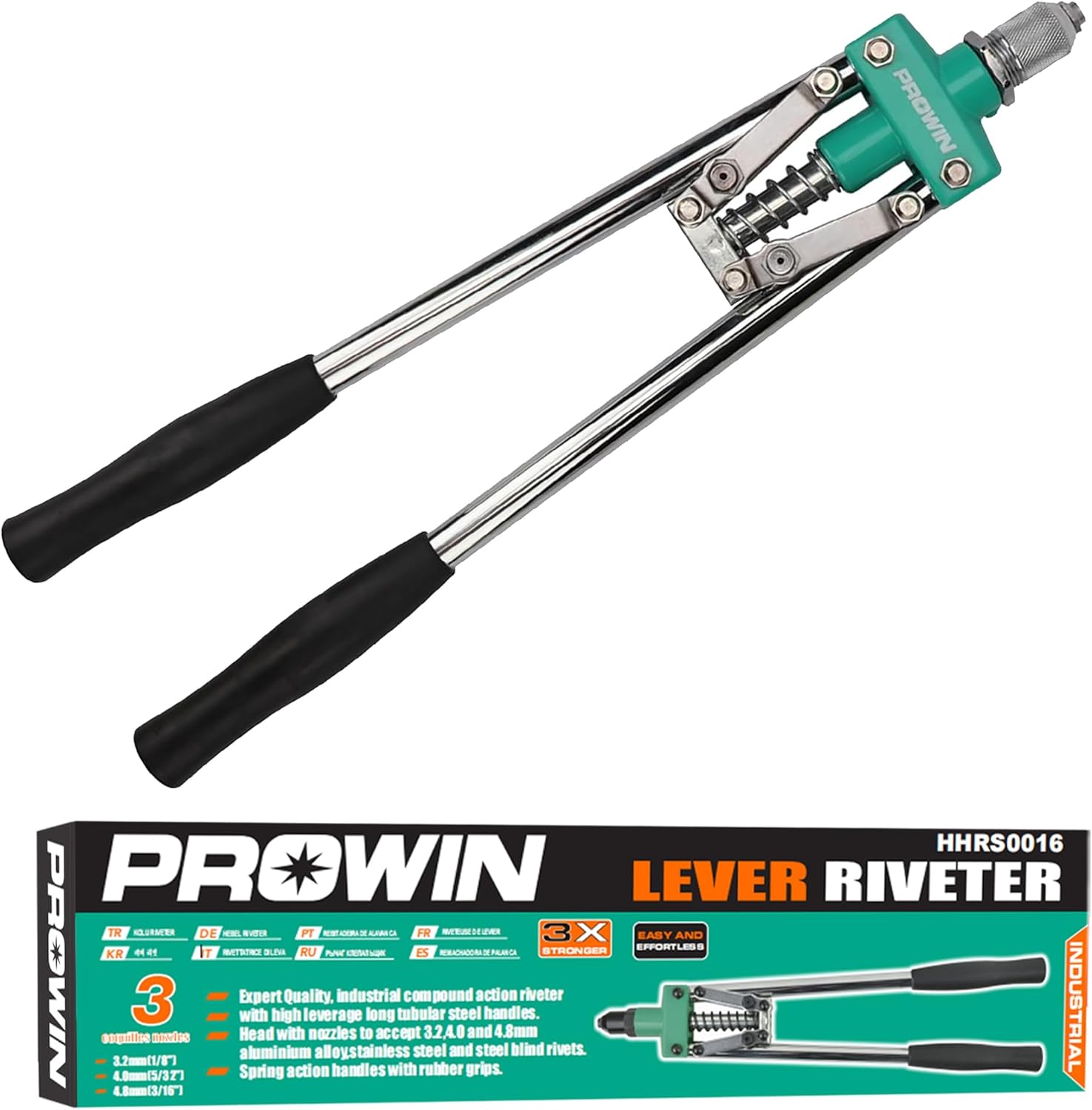 Prowin 17-Inch Professional Rivet Gun, Heavy Duty Hand Riveter Tool, 2.4-6.4mm Capacity Green Labor-Saving Riveter for Metal & Plastic