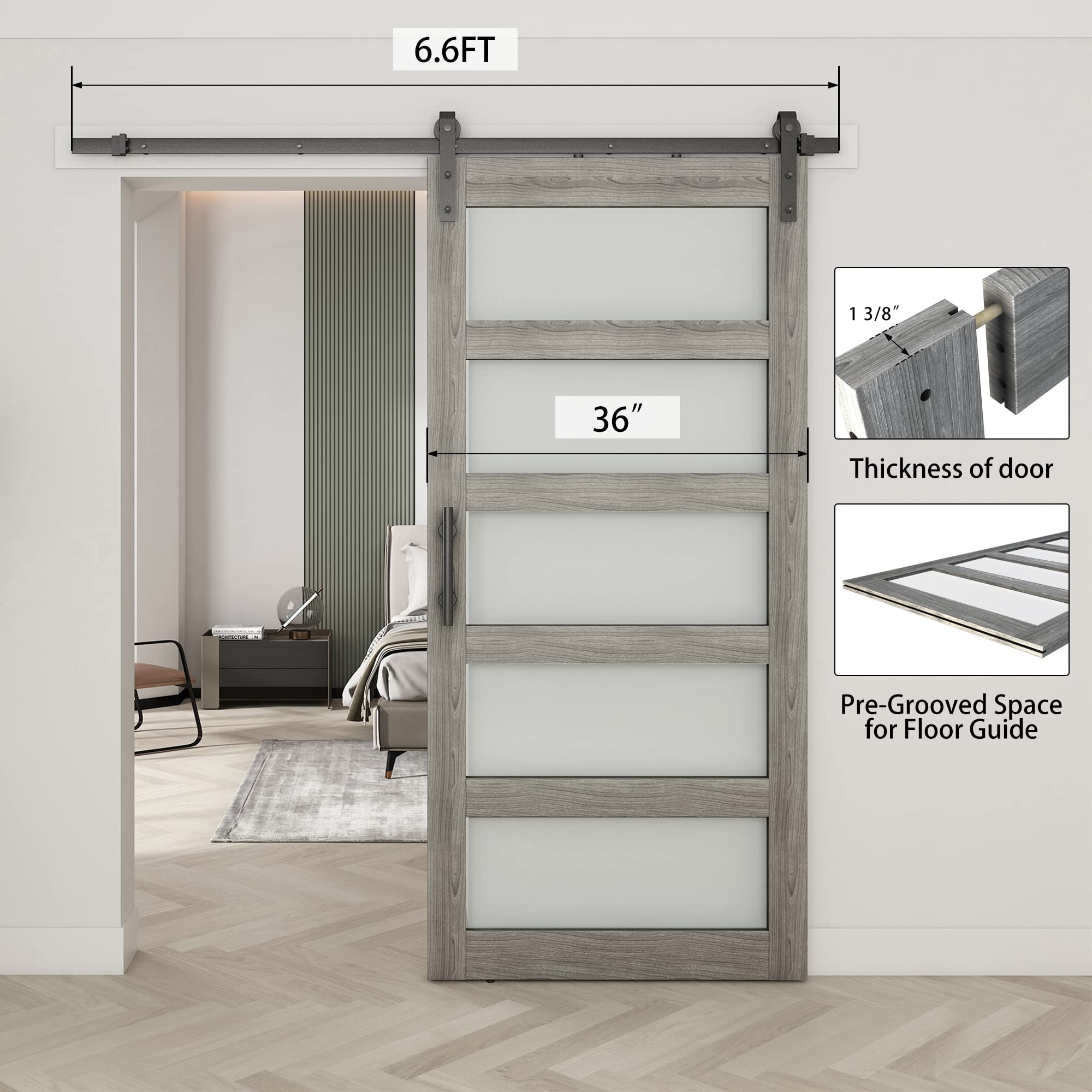 BARNSMITH 36in x 84in Glass Barn Door with 6.6FT Sliding Door Hardware Kit Included & Handle,5-Panel Frosted Glass Solid Wood Slab with Water-Proof PVC Surface,Pre-Drilled Easy Assembly,Grey