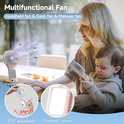 Miniatura 2 de QQT Mini ventilador de mano, ventilador portátil ajustable de 4 velocidades, funciona con pilas, ventilador de escritorio recargable por USB con
