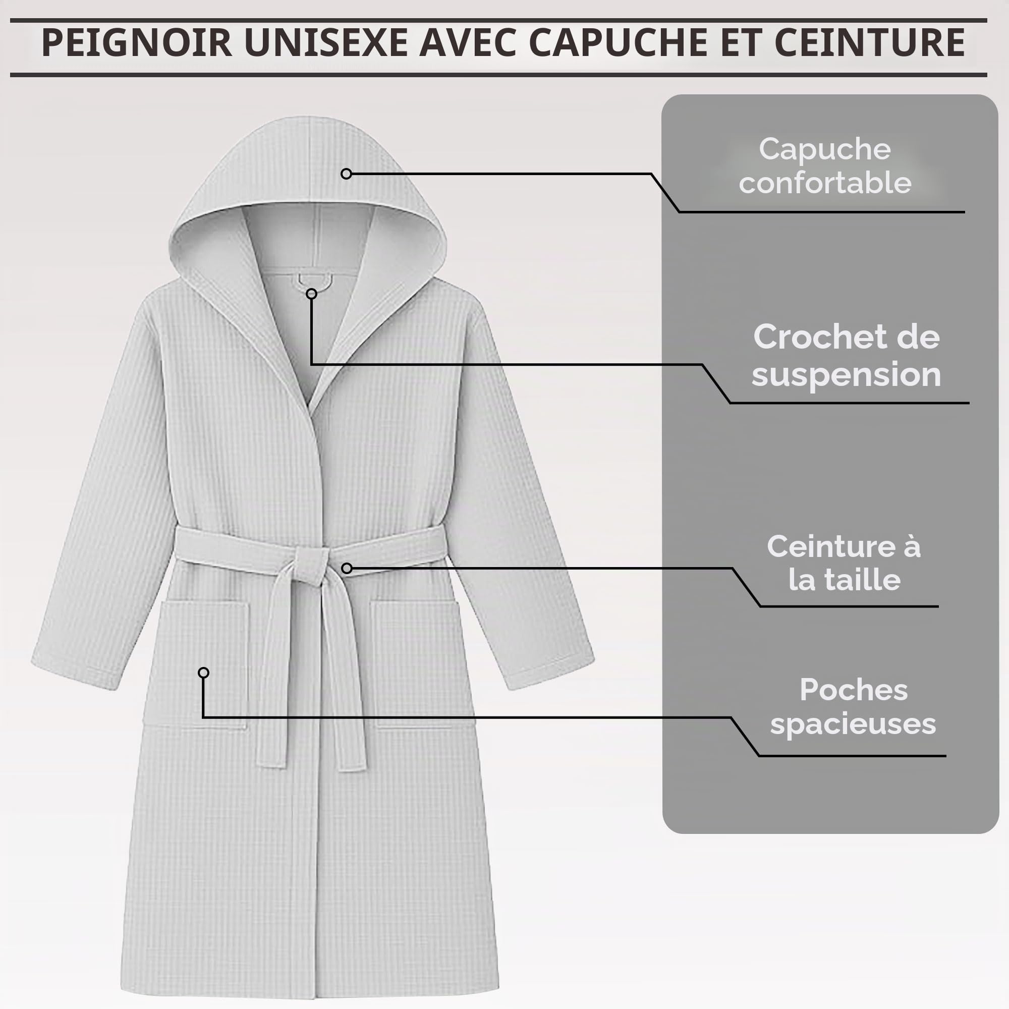 Peignoir unisexe nid d’abeille pour homme et femme en coton, avec capuche, poches et ceinture – Léger, absorbant, respirant – Idéal pour la maison, le spa, la piscine, la salle de sport et les voyages