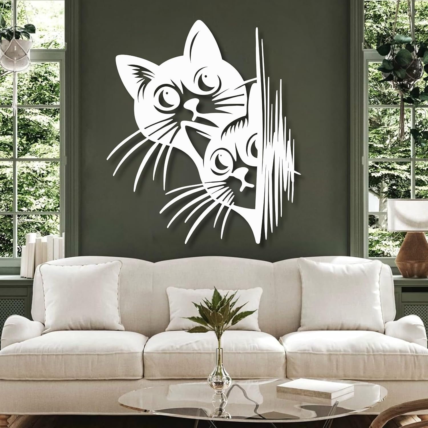 Oxzcimty Cat Metal Wall Art, Cat Wall Decor, Cats Silhouette Wall Decor, Cute Animal Metal Wall Art for Living Room, Bedroom, Bathroom, Gifts for Animal Lovers (White,28"x27" / 70x68cm)