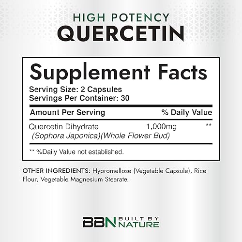 Miniatura 2 de Built by Nature Quercetina 1000 mg - Vitamonoide antioxidante dihidrato de quercetina de alta potencia - Soporte inmunológico, respiratorio y