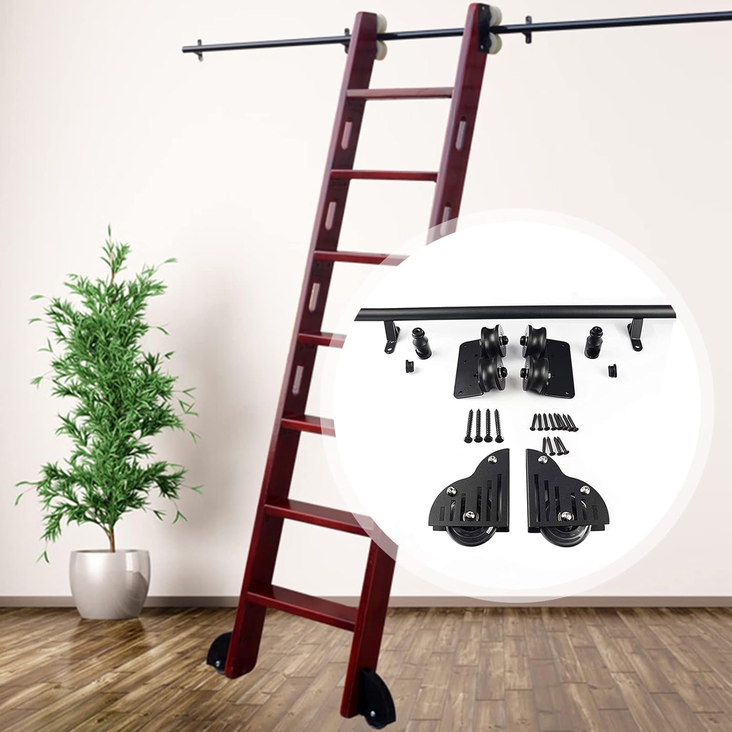 Library Sliding Ladder Hardware Kit, 3.3Ft-20Ft Rolling Ladder Rails Black Steel Round Tube Mobile Ladder Tracks with Floor Roller Wheels (No Ladder)/6.6Ft/200Cm Track Kit