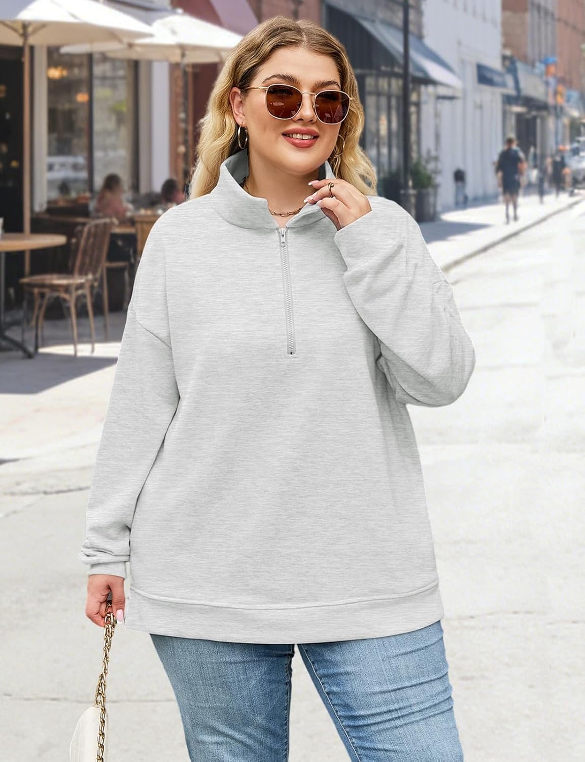 Misyula Style Plus Size Sweatshirts for Women Pockets Quarter Zip Pullover Long Sleeve Drop Shoulder Oversized Tops - Image 3