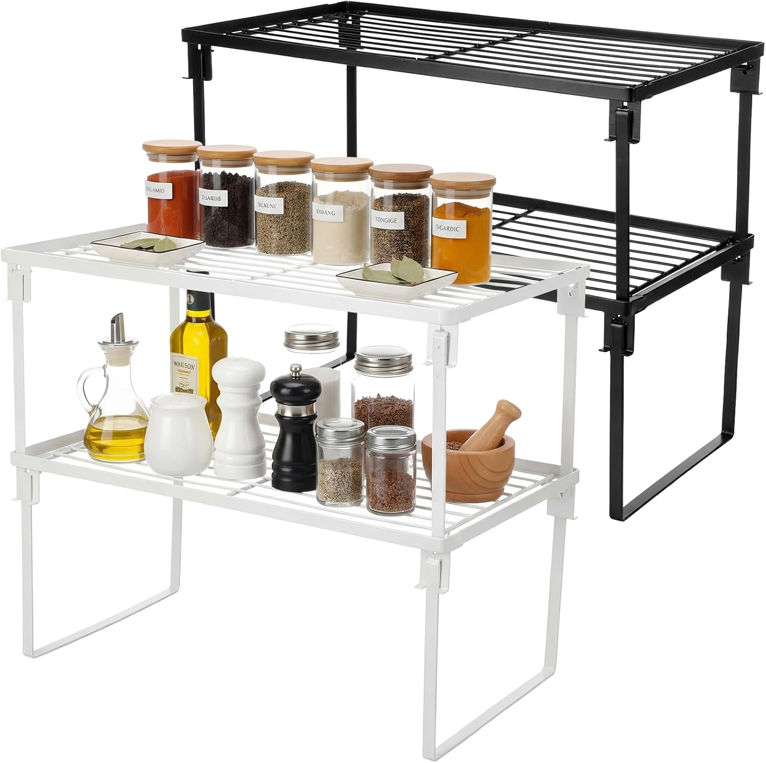 12 Pack White Stackable Plastic Kitchen Storage Shelf Foldable Racks, Pantry Shelf Cabinet Organizers, Expandable Storage Rack for Cabinet Fridge Bathroom (Plastic)