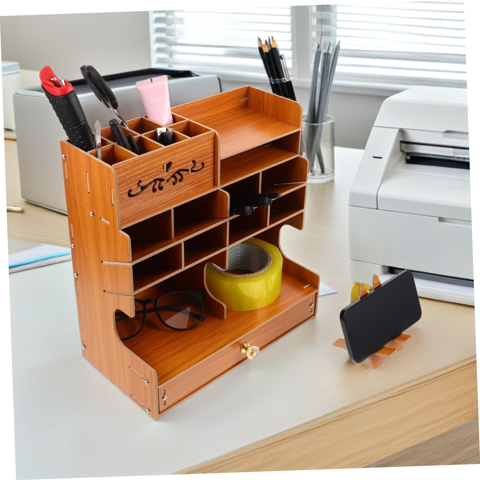 Veemoon Portalápices de Madera de Gran Capacidad con Compartimentos | Base Estable, Diseño Elegante, Organizador de Papelería para Oficina y Hogar, Estructura Multicompartimento
