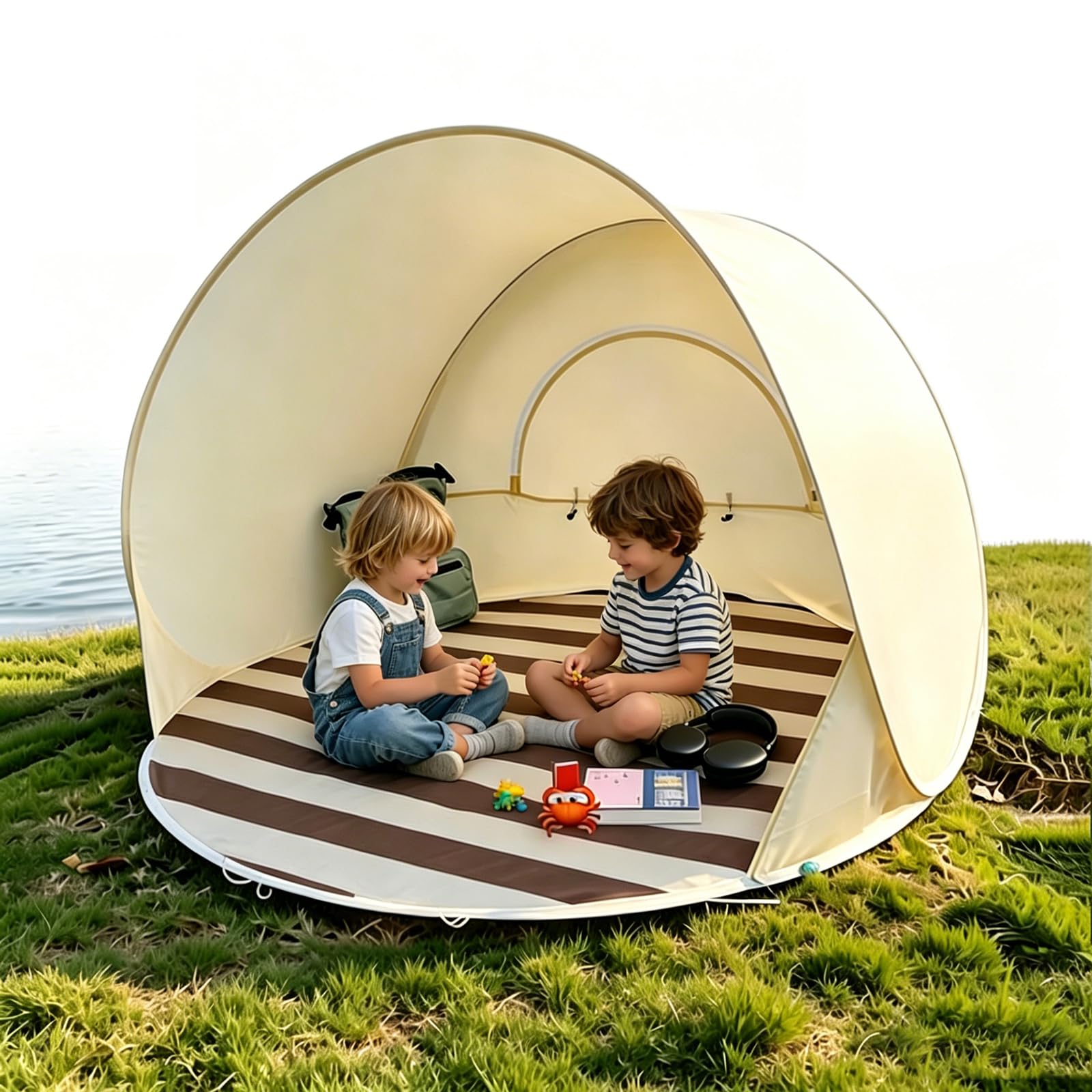 Tente de Plage Anti UV pour Bébé, Tente de Plage Pop Up pour 3-4 Personnes, Tente Coupe Vent de Plage, Pare Soleil Ventilé et Portable pour l'extérieur Beige,120CM/47IN