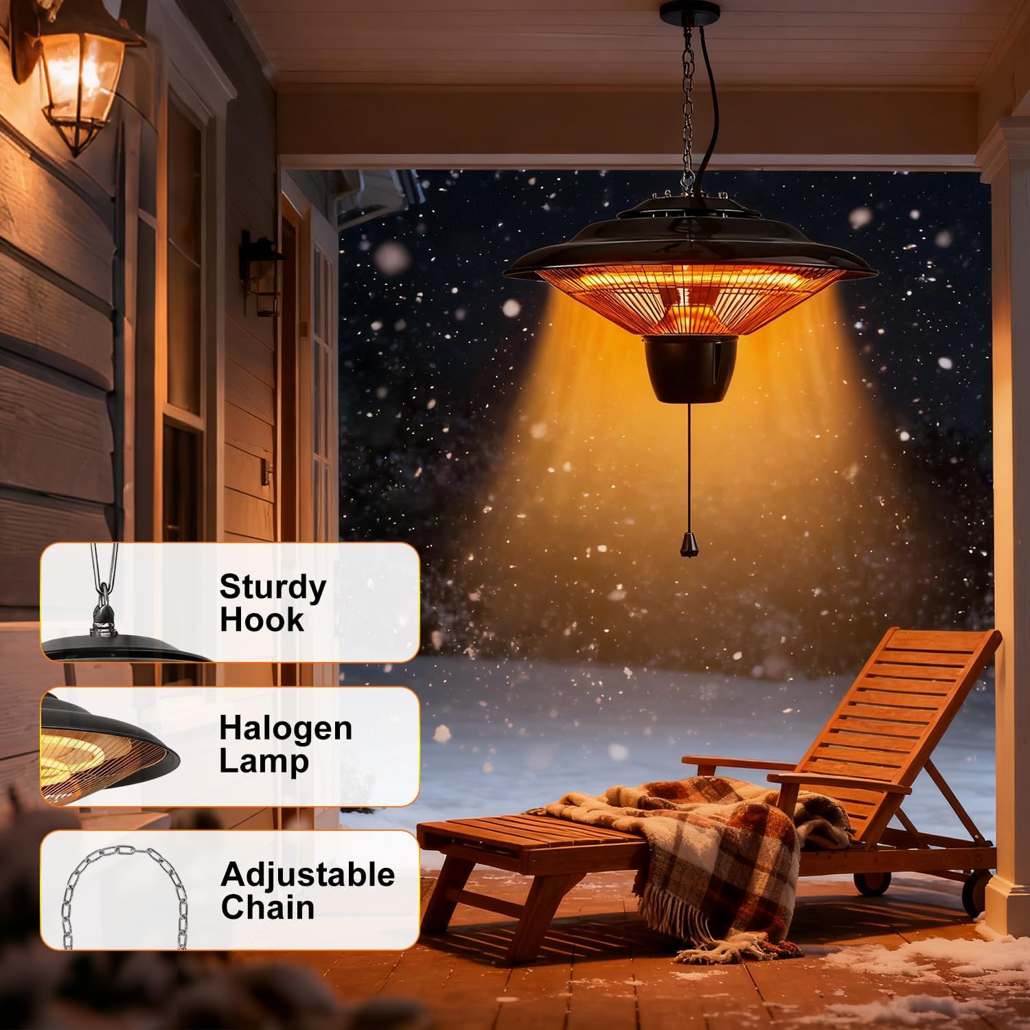 Electric Hanging Patio Heater, 1500W Outdoor Hanging Ceiling Heated with 3s Fast Heating, Quiet, Adjustable Chain, IP23 Waterproof, Overheat Protection, Perfect for Gazebo Garage Balcony