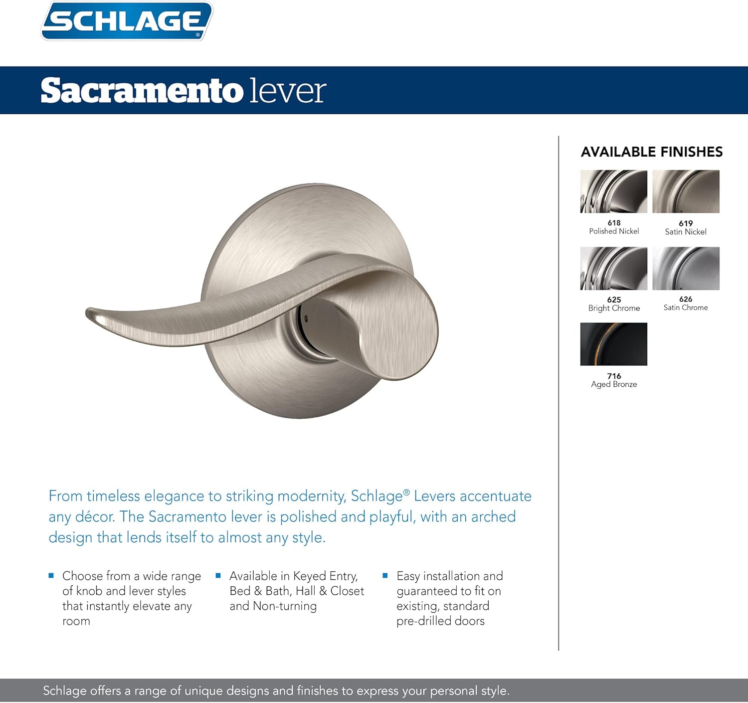 Schlage F40 SAC 619 Sacramento Door Lever, Bed & Bath Privacy Lock, Satin Nickel