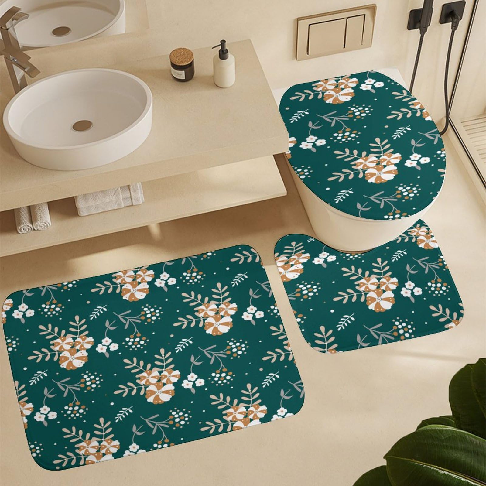 Flores, Navidad, Green Baño de Cuatro Piezas Tappeto De Baño Absorbente Y Antideslizante, con Material De Diatomita, Ideal para Baños Modernos 183×183cm