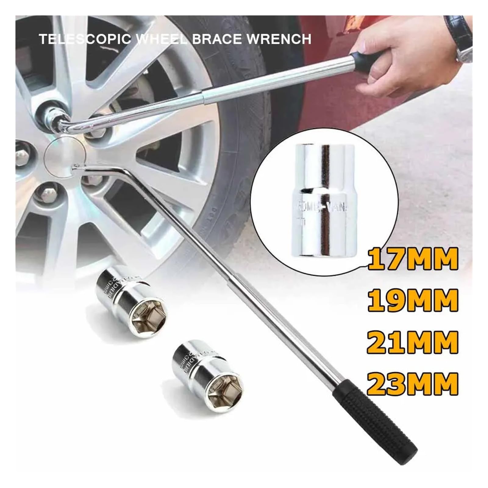 Ausziehbarer Radmutternschlüssel, Teleskop, mit Steckschlüsselsatz, Reifenmutternsatz, 17 mm, 19, 21, 23, for Autoreparaturen, Werkzeugsatz
