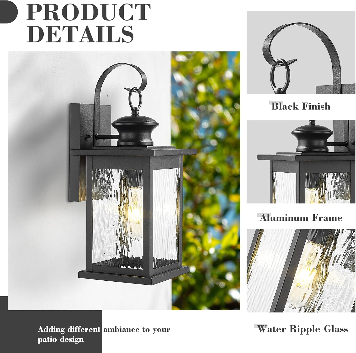 Emliviar 18" Farmhouse Outdoor Light Fixture, Exterior Lighting Fixtures with Water Ripple Glass Shade, Black Finish, 1810-BW2-SW