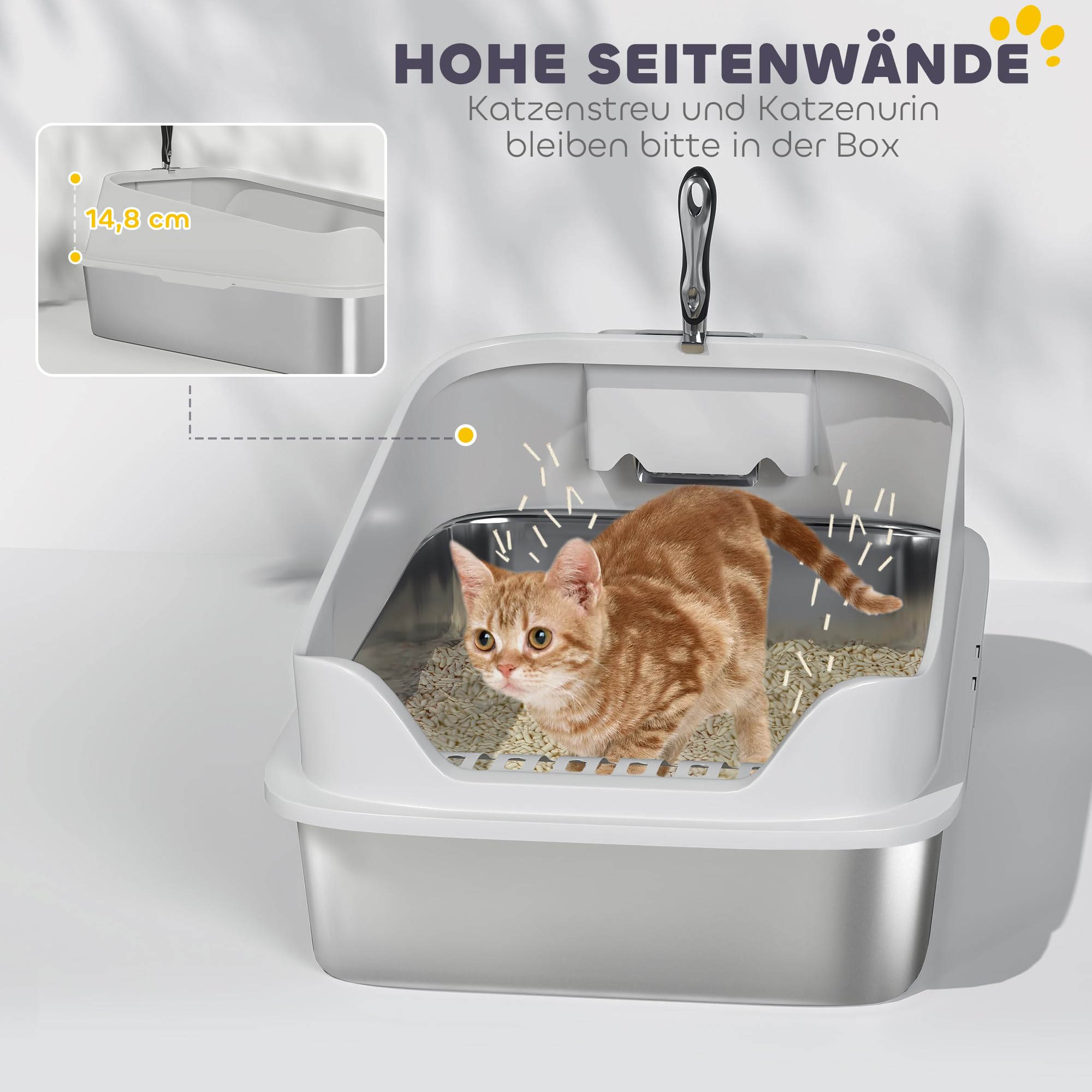 PawHut Katzentoilette Edelstahl XXL für Katzen 60,2 x 40,2 x 29,7 cm Grau | Edelstahl, Offene Katzenklo Ohne Deckel, Mit Schaufel, Hohem Rand, Cat Litter Box, Bis 7 kg