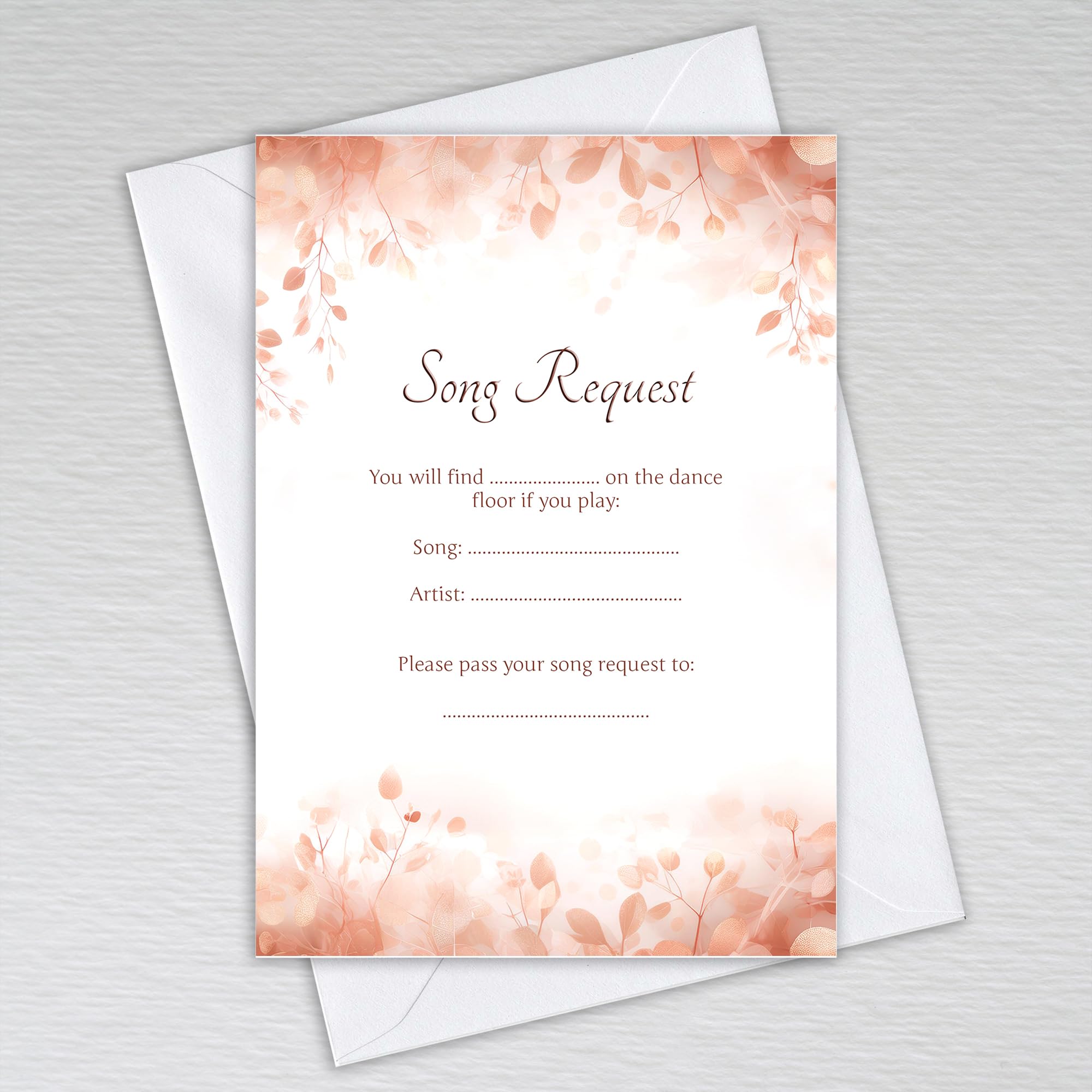 Webspectations Rose Gold Leaf Song Request Cards with Envelopes/Elegant Theme with Peach and Blush Pink Tones: Rose Gold Leaves DJ Song Request Cards (Pack of 50 with Envelopes) — image 1