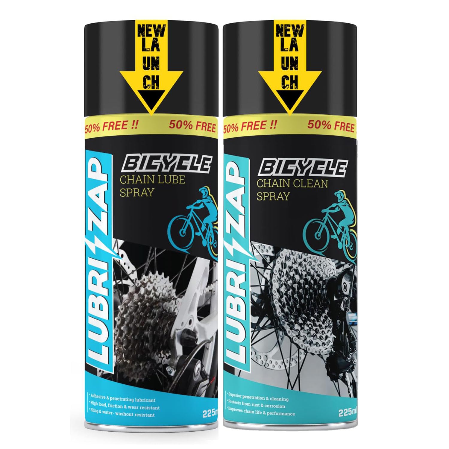 Lubrizap 225 ml Bicycle chain premium lube & 225 ml clean spray enhanced Bicycle performance accessory Improve chain Life and performance Pack of 2 (Chain Lube & Chain Clean)