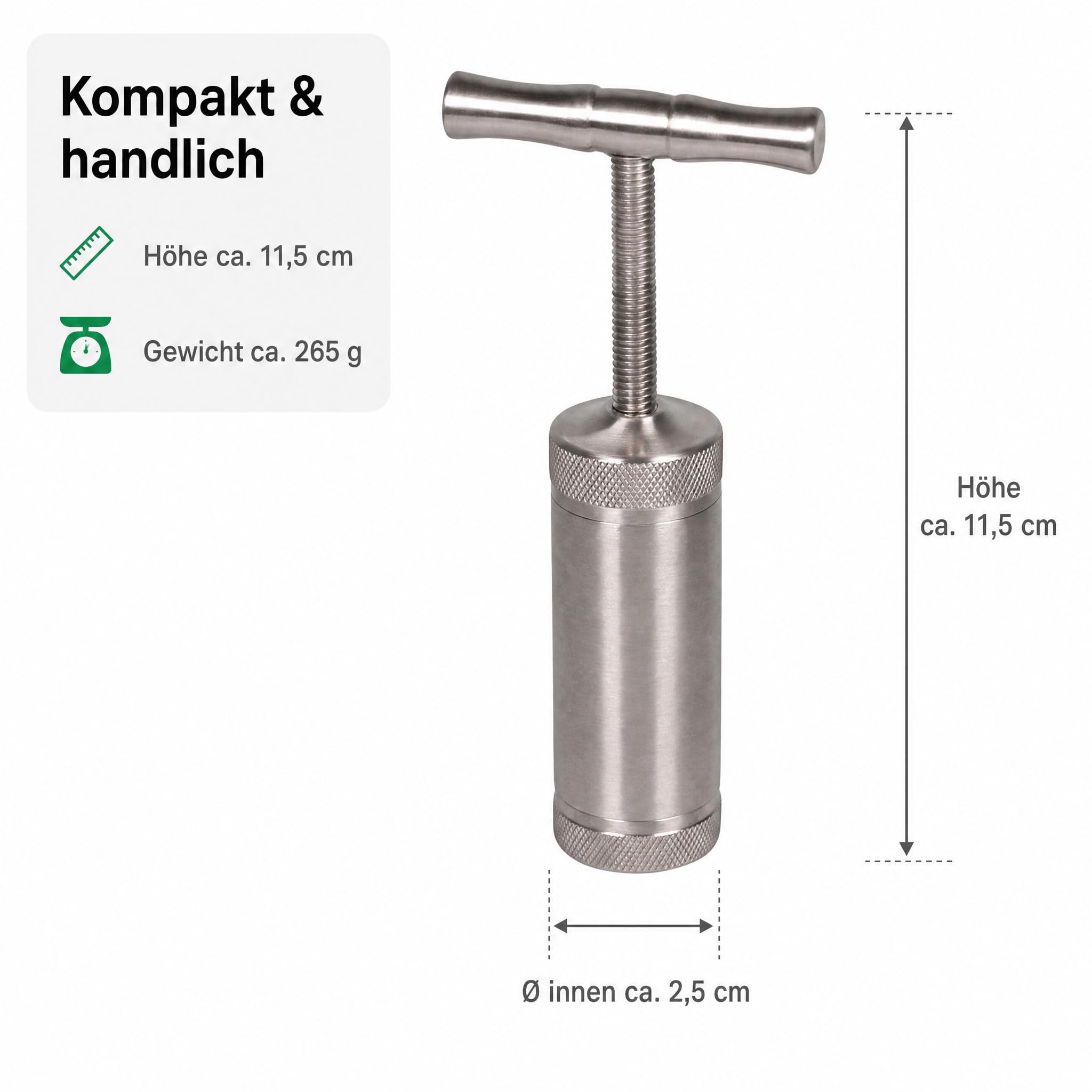 Kräuterpresse Pollenpresse T-Press aus Edelstahl, Manuelle Handpresse/Spindelpresse zum Verdichten von Kräutern, Gewürzen und Tabak, Ø 2,5 cm Presskammer, Höhe 11,5 cm, mit Aufbewahrungsbox