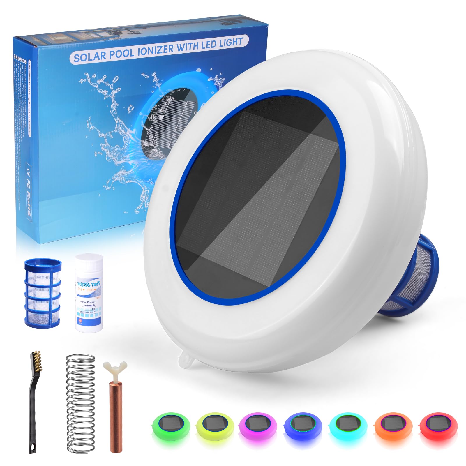 Ionizador Solar para Piscina con Iluminación LED – Purificador de Agua por Iones de Cobre y Plata – 22000 GAL Sin Cloro, IP68 Solar Limpiador Ionizador para Piscina, Fuente, SPA