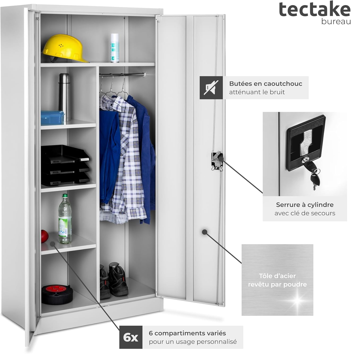 Interior view of the cabinet showing items, lock, and material details.