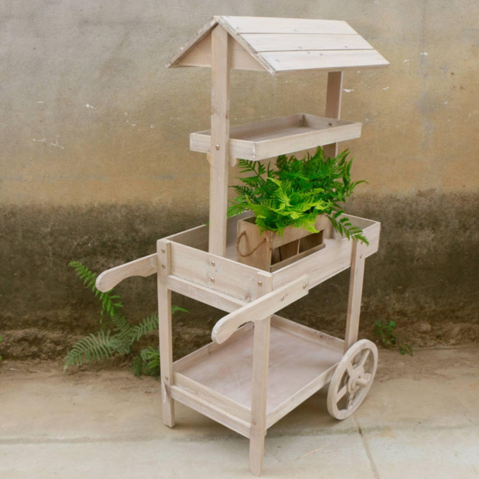 Carrello Espositivo Vintage Carrello Fioriera Scaffale Porta Piante Carrello Pieghevole Carrello in Legno Robusto Texture Rustica per Oggetti Adatto, Bianco