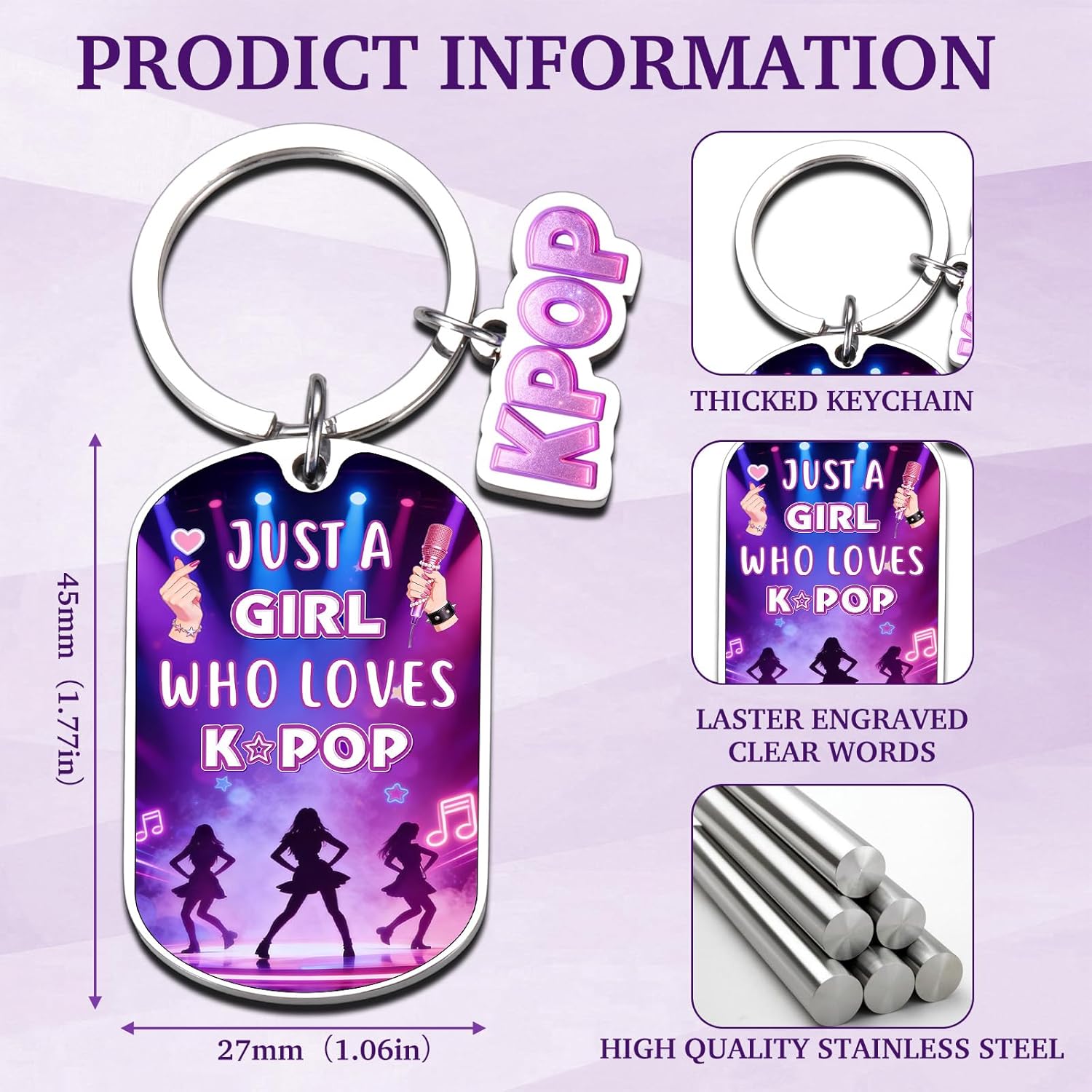 K-Pop Keychain Merch, K-Pop Gifts for Teen Girls, Kpop Valentines Day Gifts, Purple Gifts for K Pop Lover, Music Keychain for Music Lovers, Birthday Valentines Basket Stuffers Present for Korea Fans - Image 3