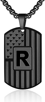 Initial A-Z Necklace for Men American Flag Dog Tag Stainless Steel