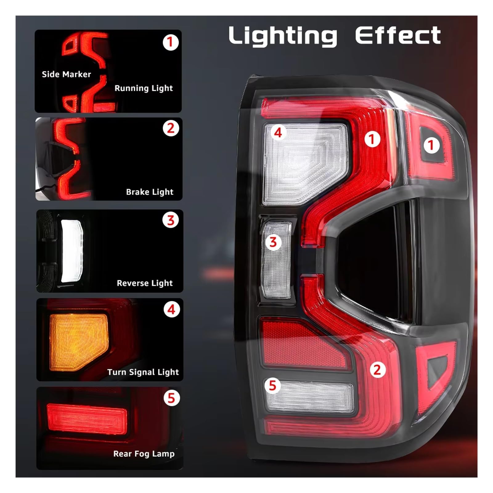 traseras Para Ford para Ranger T9 2022 2023 indicador lateral señal de giro lámpara freno inverso accesorios luz marcha montaje trasera LED coche Luces de freno(Smorked Grey)
