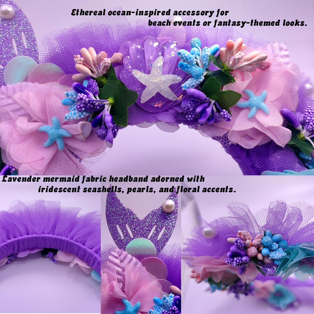 Mermaid Headband Purple Floral with Starfish Headband for Mermaid Birthday Party, Under the Sea Theme, Therian Valentine's Day - Image 3